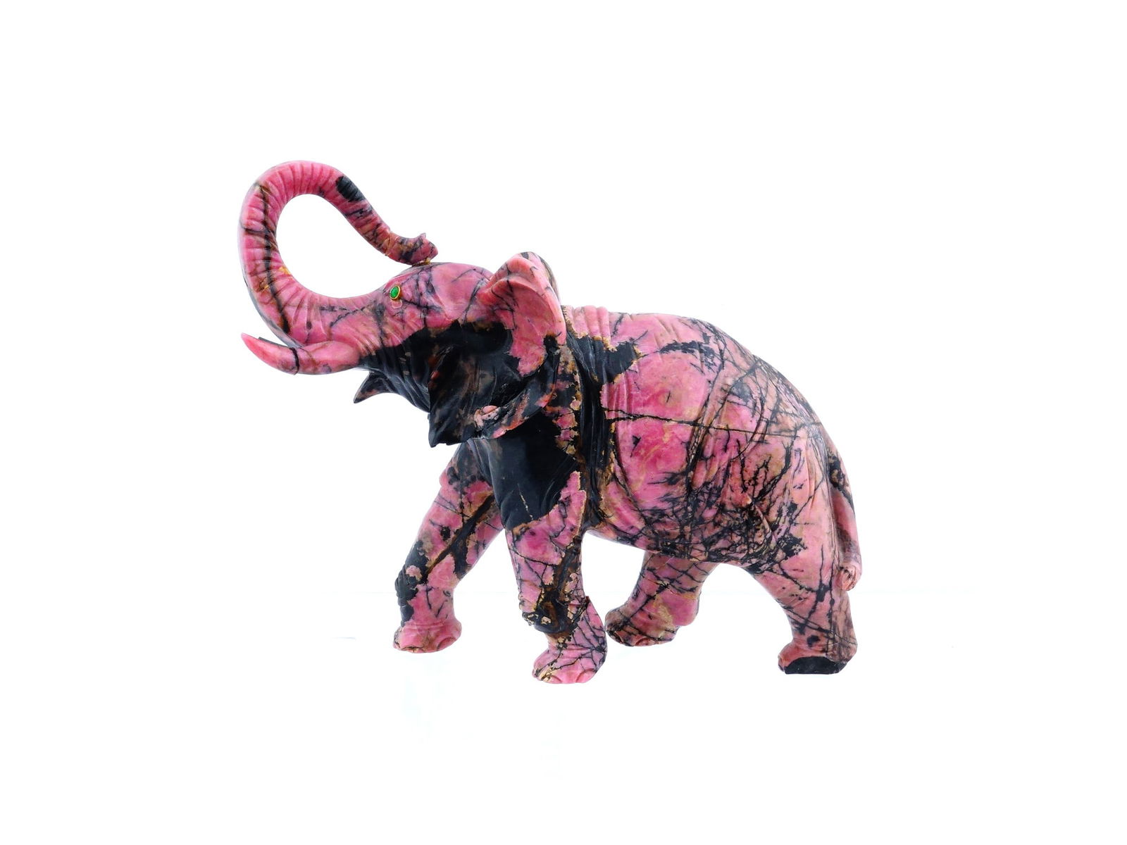HAND CARVED RHODONITE ELEPHANT FIGURINE: A naturally hand carved rhodonite figurine. The figurine is made in the shape of an elephant, set with gemstone eyes in gold settings. Vintage and Modern Carving, Natural Stones Figurines, Figures, St