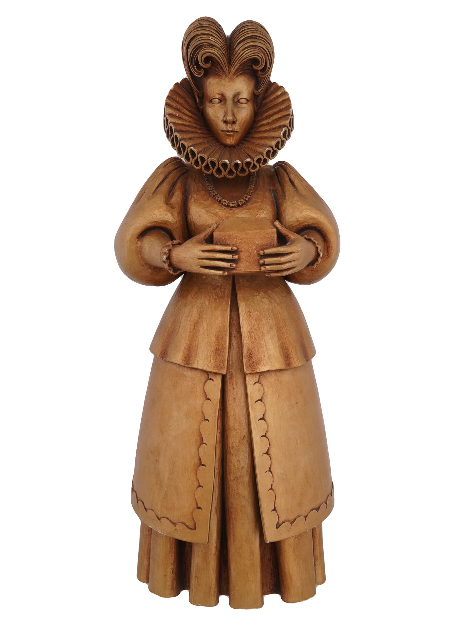 VINTAGE GILT WOOD SCULPTURE LADY IN ELIZABETHAN ATTIRE: A vintage gilt wood sculpture depicting a lady. The figure is portrayed in elaborate Elizabethan or Tudor-inspired attire with a prominent ruff collar, holding a small box. Vintage Sculpture For
