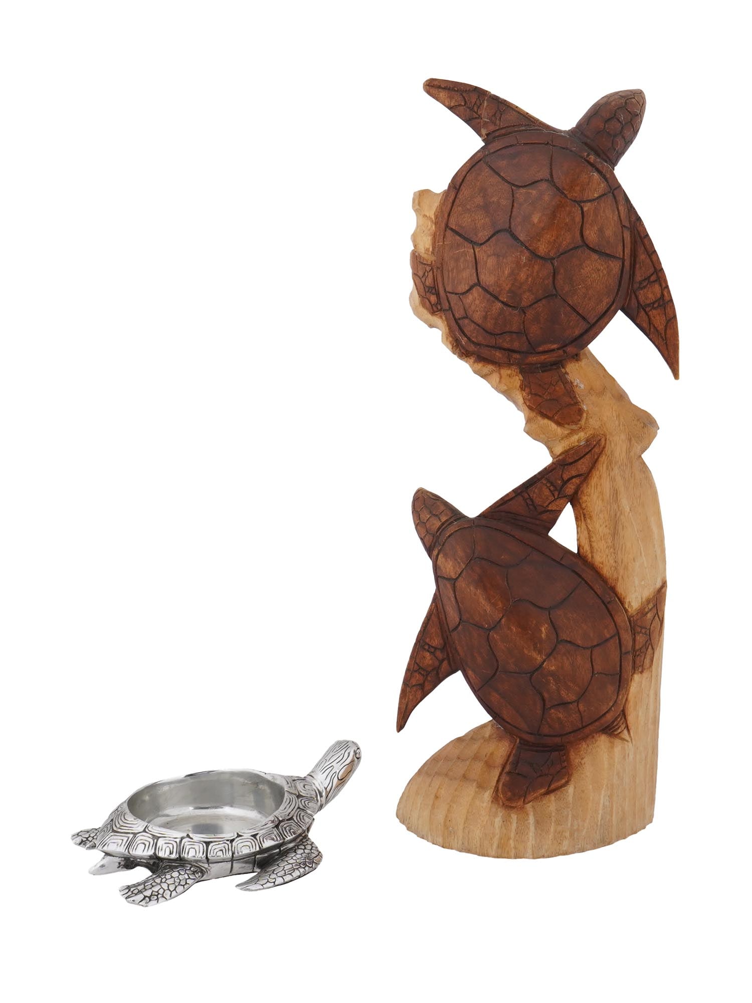 VINTAGE TURTLE BOWL AND CARVED WOOD SCULPTURE: A pair of vintage turtle-themed items. First. A metal dog bowl shaped as a sea turtle. Unmarked. Second. A hand-carved wooden figurine representing two turtles on a reef. Home Decor, Marine Animals.