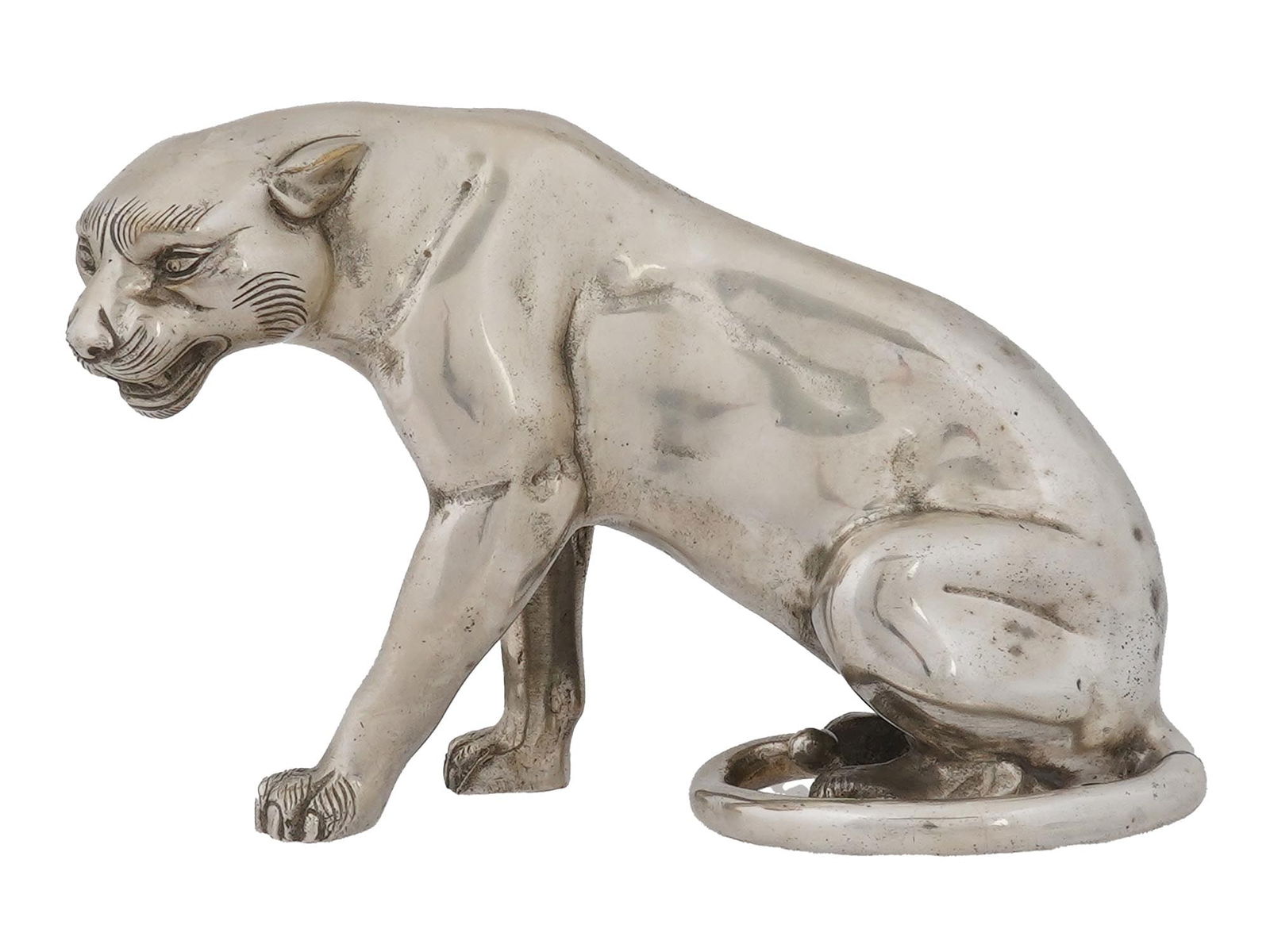 VINTAGE ART DECO METAL PANTHER FIGURE: A vintage Art Deco metal panther figure. The artwork represents a seated panther with a bared jaw and flattened ears. Fine detail work. Unmarked. Hollow inside. Antique and Vintage Sculptures, Figures
