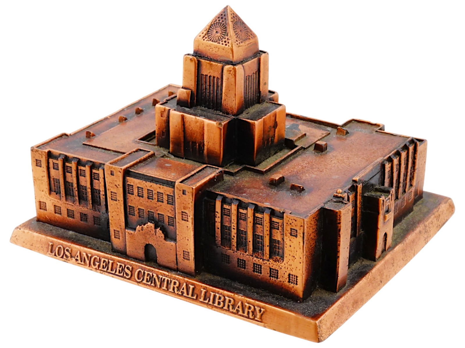 MINI CAST METAL LOS ANGELES CENTRAL LIBRARY SCULPTURE: A miniature cast metal sculpture representing a Los Angeles Central Library located at 630 West 5th Street, Los Angeles, CA and was completed in 1925. Titled on the base. Architectural Collectibles De