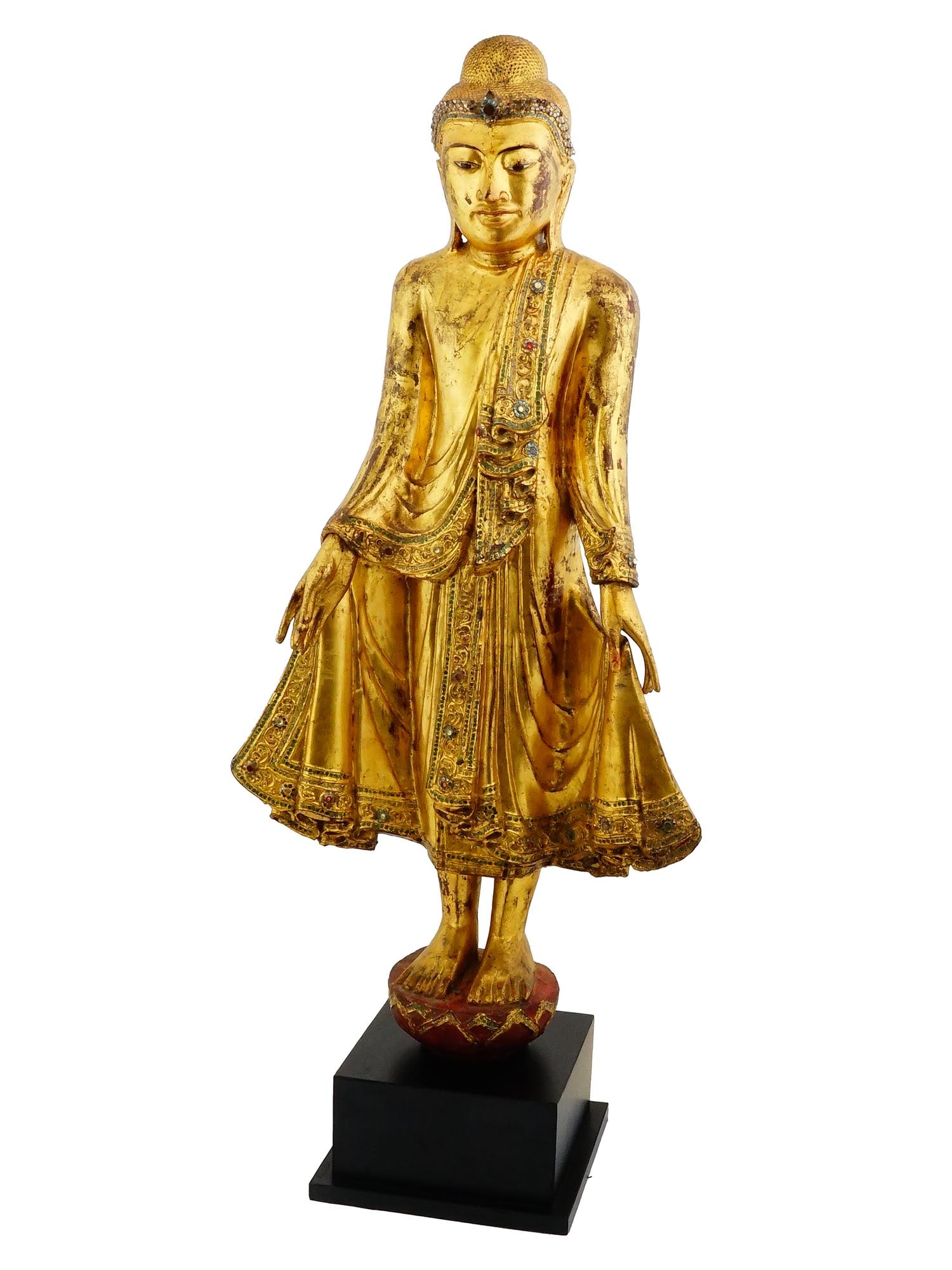ANTIQUE 19TH C BURMA MANDALAY BUDDHA STATUE WITH COA: An antique standing Buddha statue in calling the Rain Pose. From Burma, Mandalay, 19th century. The statue is made of gilt lacquered wood and intricately inlaid with glass details, depicting the Buddh