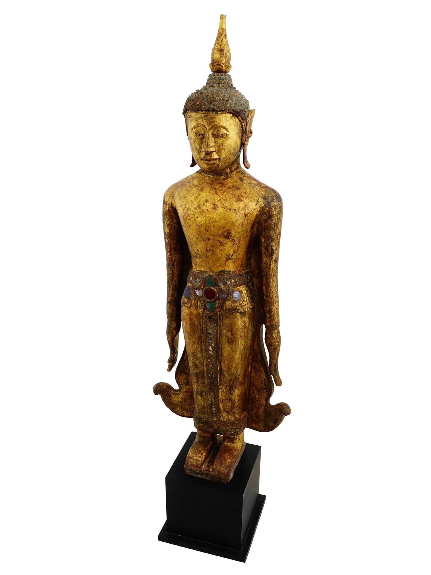 ANTIQUE 19TH C BURMA MANDALAY BUDDHA STATUE WITH COA: An antique standing Buddha statue in calling the Rain Pose. From Burma, Mandalay, 19th century. The statue is made of gilt lacquered wood and intricately inlaid with glass details, depicting the Buddh