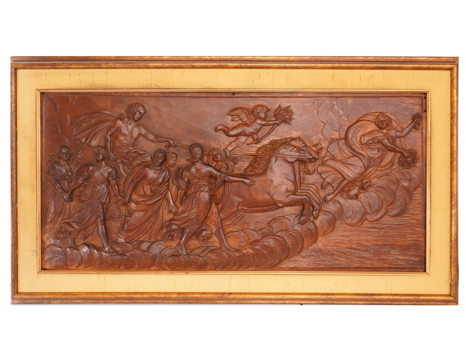 EUROPEAN TRIUMPH OF APOLLO CARVED WOOD PLAQUE FRAMED: A European School carved wood decorative wall panel with a mythological theme, made using the high relief technique. The panel depicts a scene representing The Triumph of Apollo or Entry of Apollo. Th
