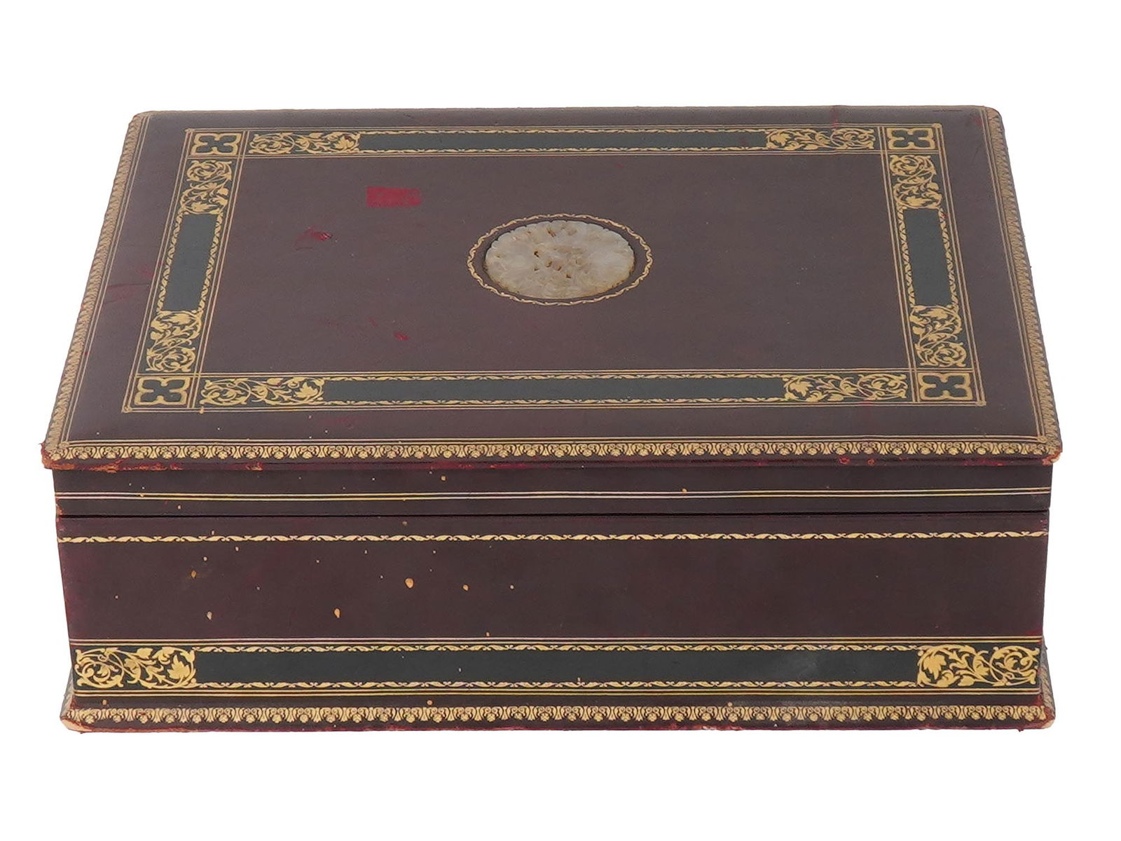 ANTIQUE LEATHER BOX WITH ORIENTAL JADE INLAY (1 of 9)