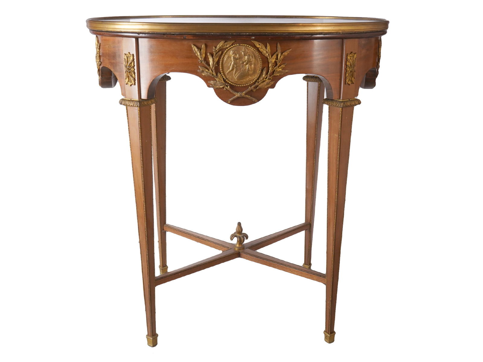 ANTIQUE LOUIS XVI STYLE MARBLE TOP GUERIDON SIDE TABLE: An antique Louis XVI–style gueridon side table featuring a refined example of late 19th-century French decorative furniture. The table shows a round green marble top, resting on a wooden base. The f