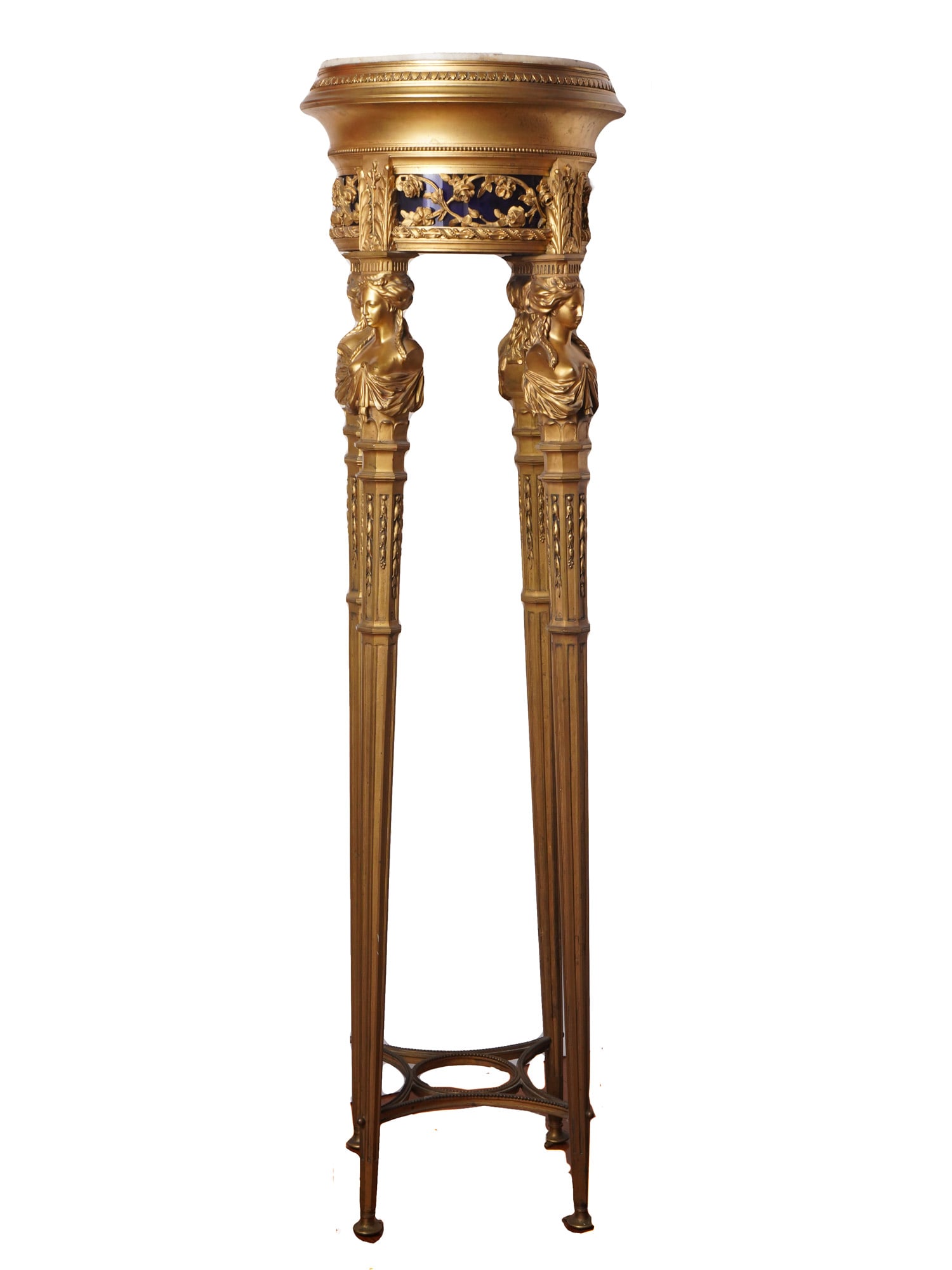 LOUIS XVI STYLE GILT BRONZE ENAMEL FIGURAL PEDESTAL: A classic gold patinated bronze floor flower stand jardiniere or decorative pedestal in the Louis XVI style. The design is in the classical style typical of the French Classicism era Louis XVI. It is