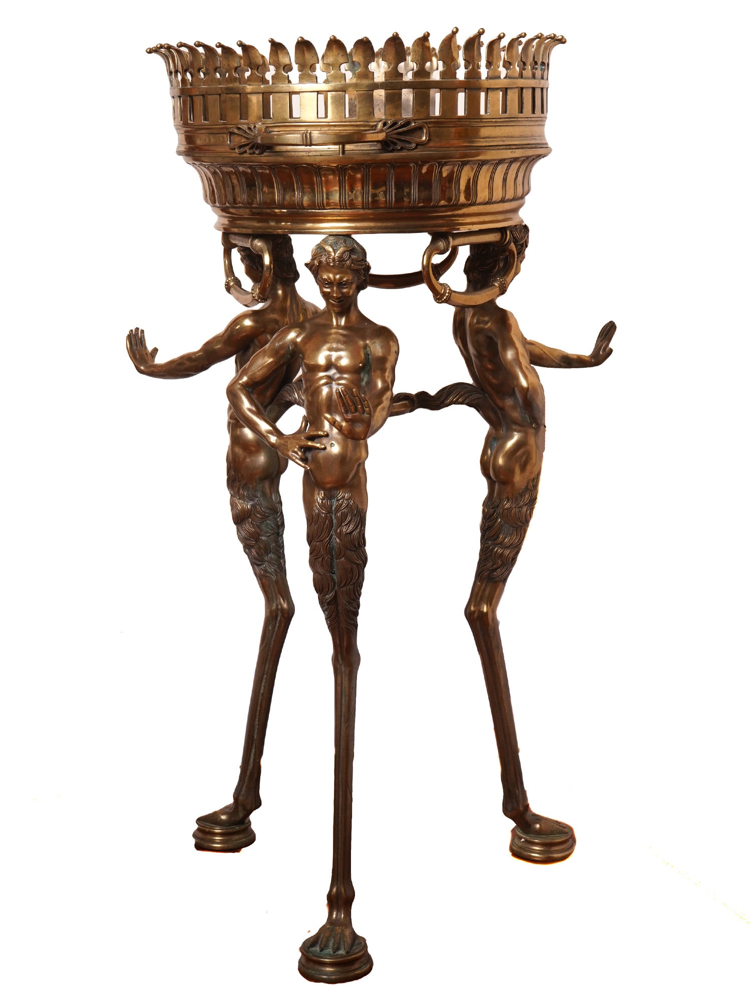 NEO CLASSICAL ITALIAN BRASS FIGURAL TRIPOD PLANTER: An Italian manner figural brass tripod planter, crafted in the Neo classical style. This piece is a replica of a famous artifact found in Pompeii. The design consists of a round bowl with an openwork