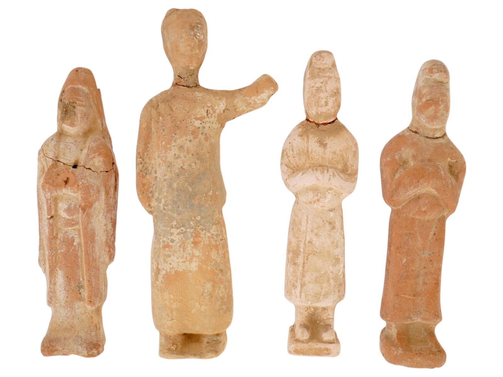 ANCIENT CHINESE HAN DYNASTY TERRACOTTA FIGURINES: A lot of four ancient Chinese terracotta figurines. Han dynasty, circa 200 BC to 200 AD. The figurines depict a group of court ladies. Collectible Oriental Asian Pottery And Ceramics, Archaeological F