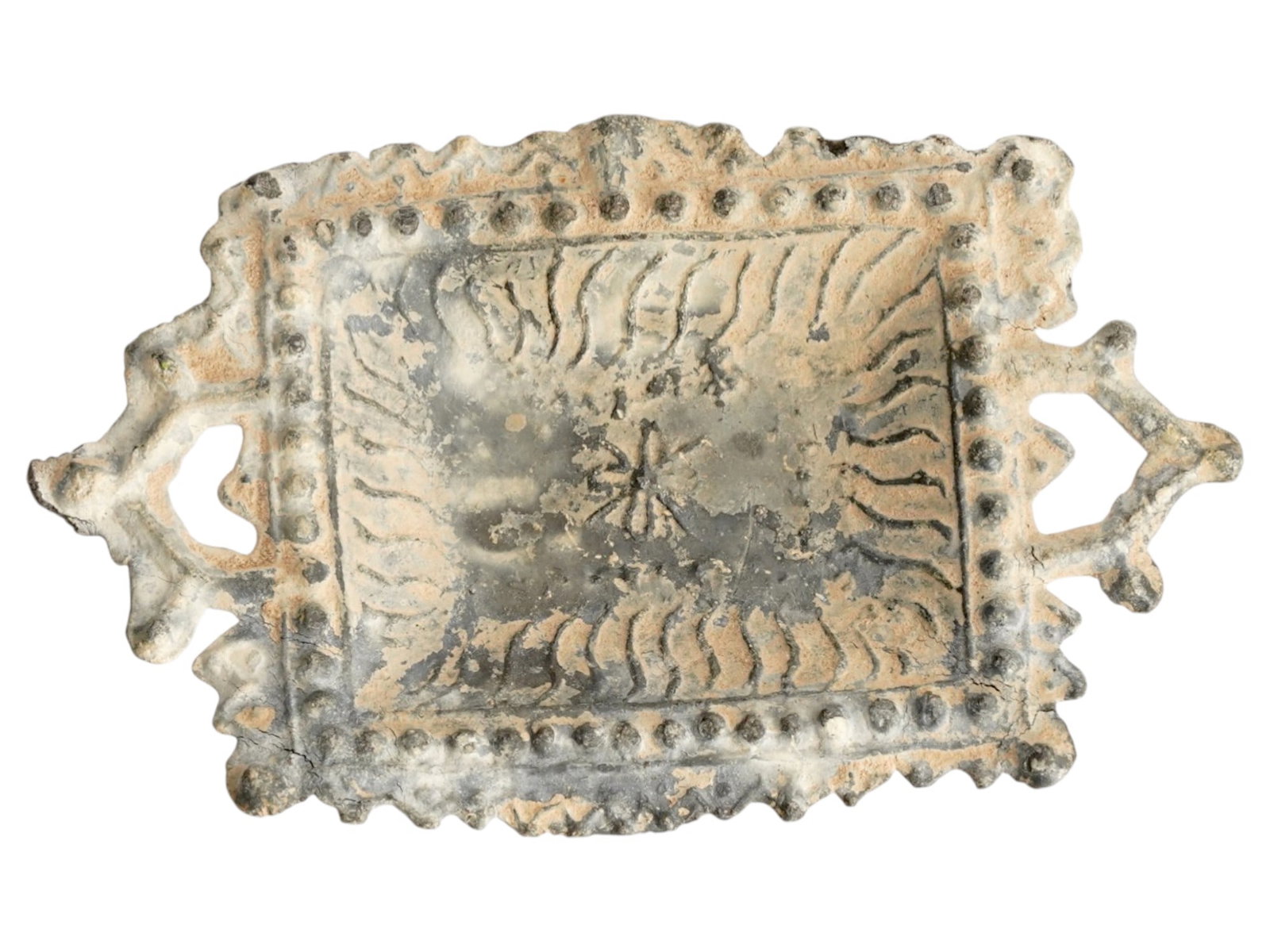 RARE ANCIENT ROMAN VOTIVE LEAD TRAY 100 TO 300 AD: A rare ancient Roman votive lead tray, ca. 100 to 300 AD. The tray features a central multi-pointed star or rosette, a common Roman decorative element that often symbolized the sun or divinity in a vo