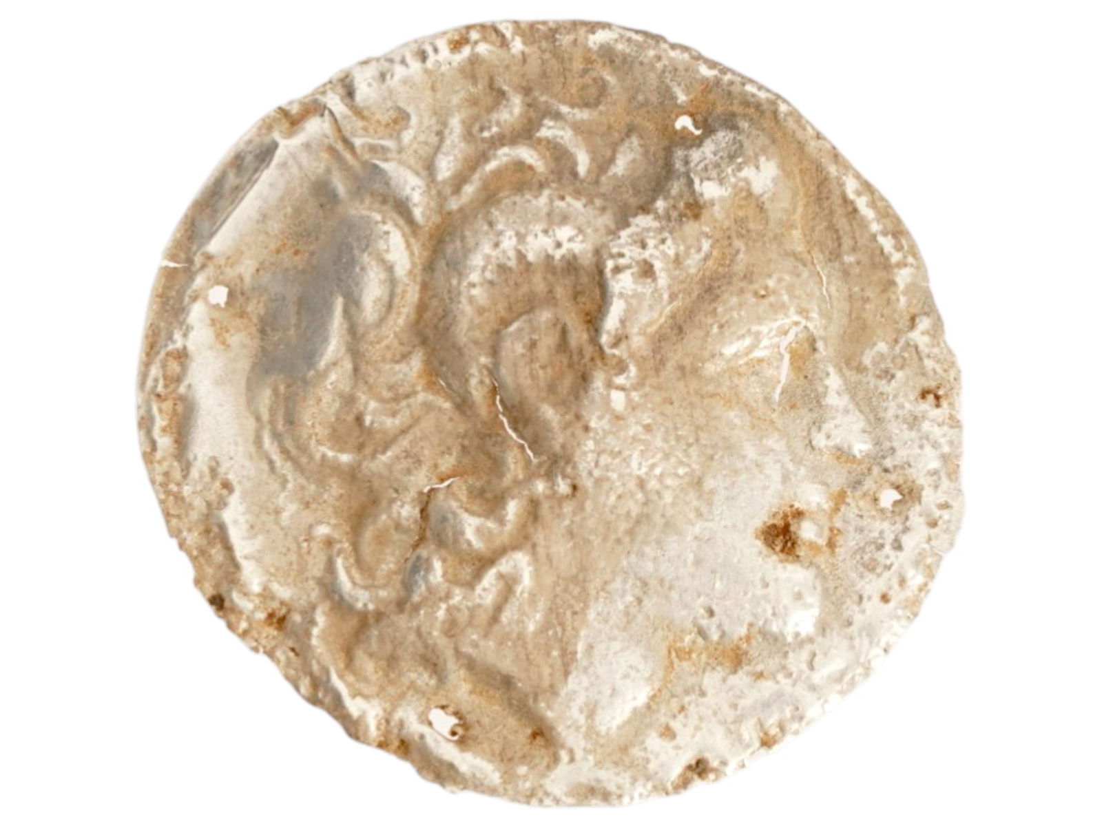 ANCIENT GREEK SILVER PLAQUE ALEXANDER THE GREAT: An ancient Greek silver medallion plaque for jewelry, depicting Alexander the Great. Circa the 400 to 200 BC. Ancient Greek Artifacts, Wares And Historical Silver Jewelry Collectibles. Total weight 0.