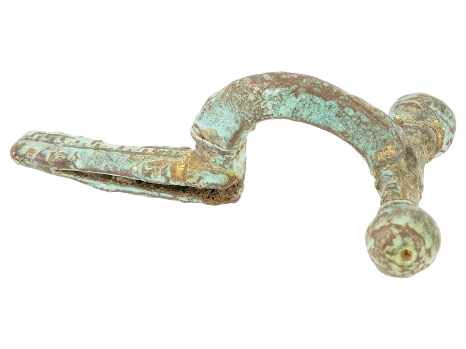 ANCIENT ROMAN GOLD AND BRONZE CROSSBOW FIBULA: An ancient Roman gold and bronze crossbow fibula for high ranking officials. Circa 100 to 300 AD. A crafted brooch used for fastening garments. The fibulas elegant form and intricate detailing reflect