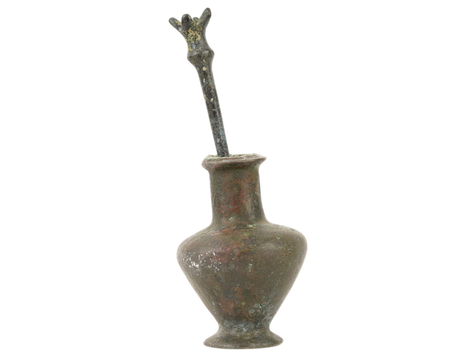 ANCIENT EGYPTIAN LATE PERIOD BRONZE COSMETIC CONTAINER: An ancient Egyptian bronze cosmetic container dating to the Late Period, approximately 700 to 200 BC. Such vessels were used to store cosmetics, oils, or unguents. Ancient Artifacts And Historical Col