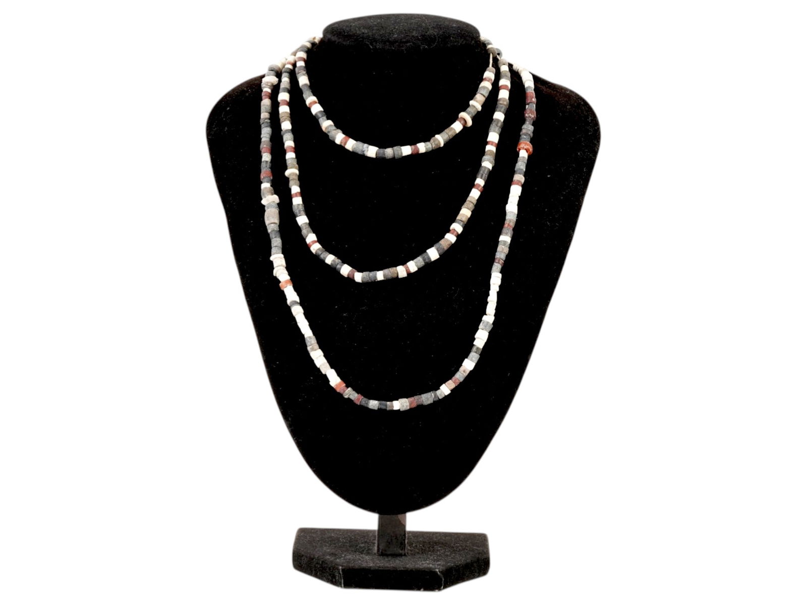 LOT ANCIENT EGYPTIAN STEATITE NECKLACE 700 BC TO 200 AD: A lot of two ancient Egyptian Late Period beaded necklaces. The necklaces are made in a beaded design, circa 700 BC to 200 AD. The necklace showcases a range of bead colors, mostly circular shaped, ma