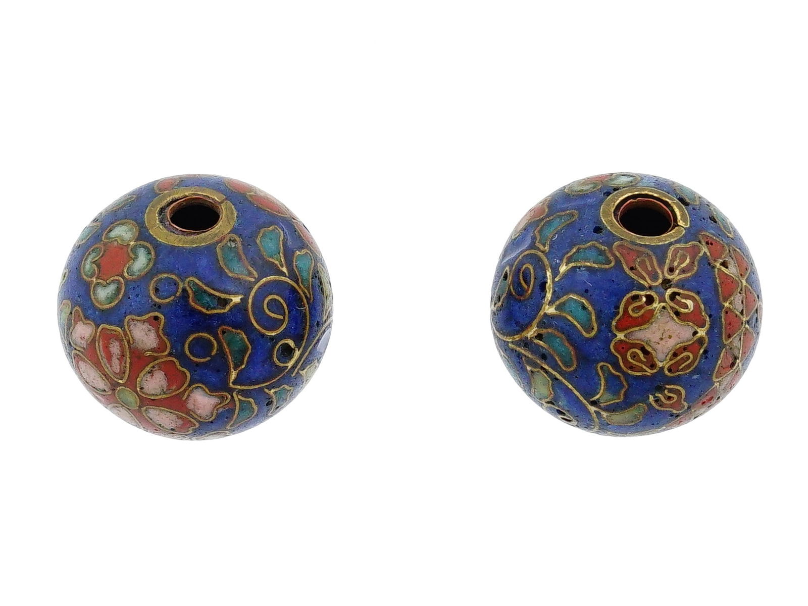 PAIR OF JAPANESE CLOISONNE ENAMEL OJIME BEADS: A pair of Japanese enamel Ojime beads. The circular shaped beads are adorned with polychrome floral, foliage and geometrical patterns made in the Cloisonne technique. Antique and Vintage Asian Beads a