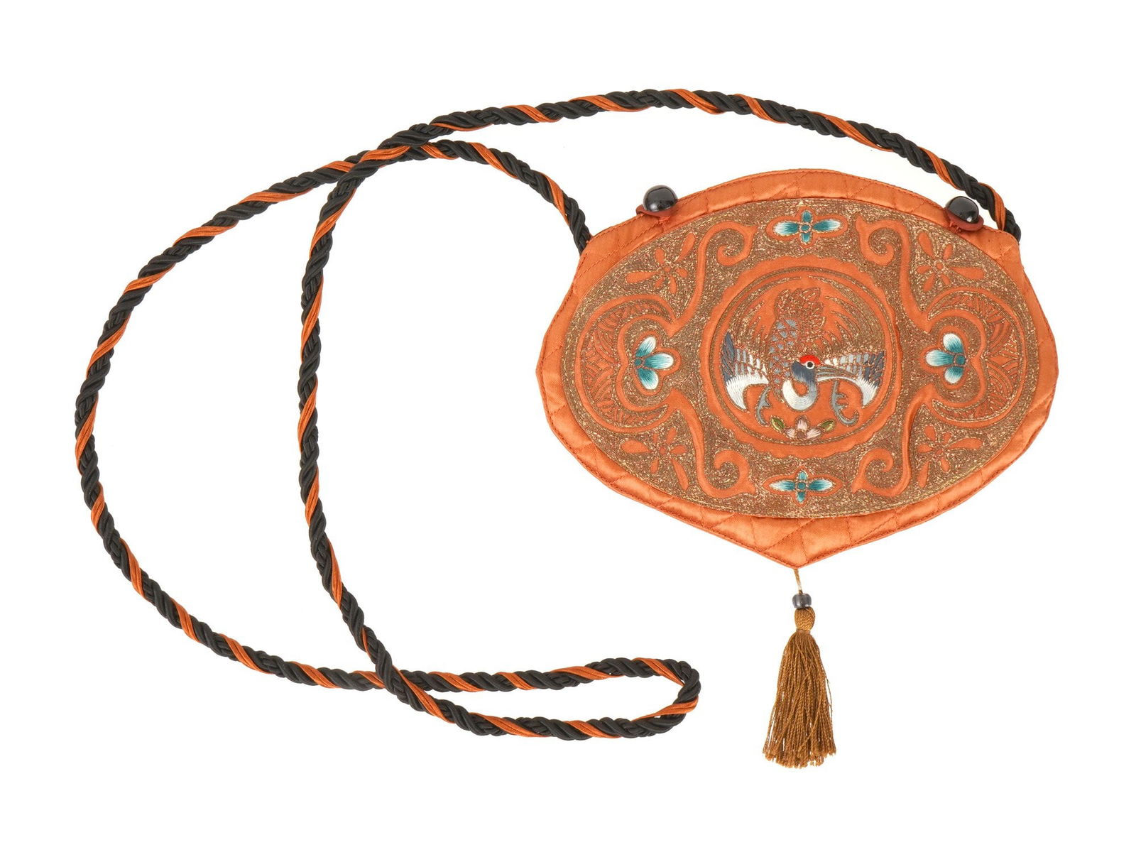 ANTIQUE CHINESE QING EMBROIDERED FABRIC PURSE POUCH: An antique Chinese Qing dynasty hand embroidered fabric purse pouch. The purse is hand-embroidered with ethnic patterns and a medallion depicting a red-headed crane, a symbol of longevity and wisdom,