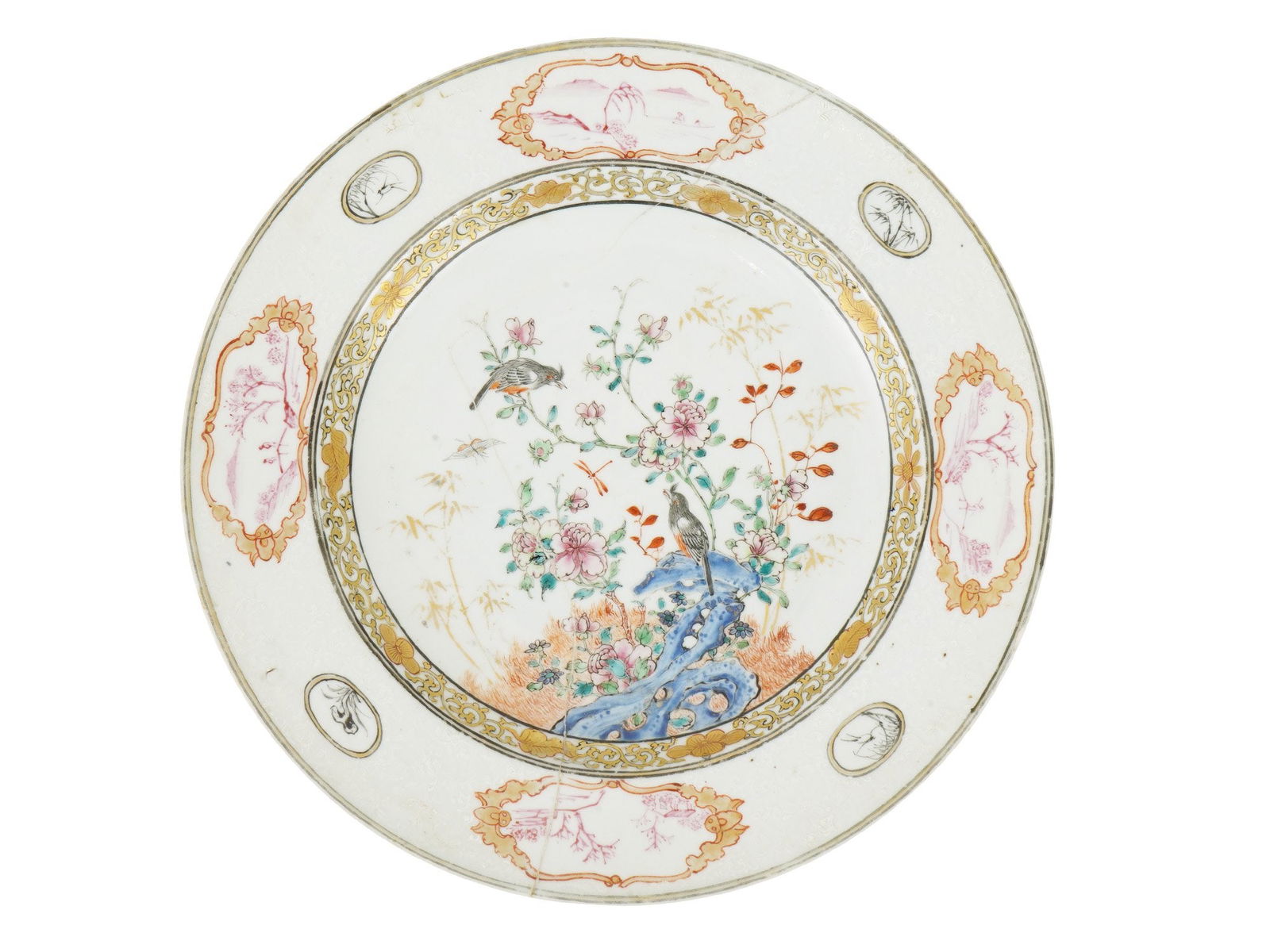 ANTIQUE CHINESE FAMILLE ROSE PORCELAIN PLATE 18TH C: An antique Chinese Export famille rose porcelain plate. Circa 18th century. The plate is decorated with a fragment of a landscape with birds and flowers in a delicate color scheme in the center and fo