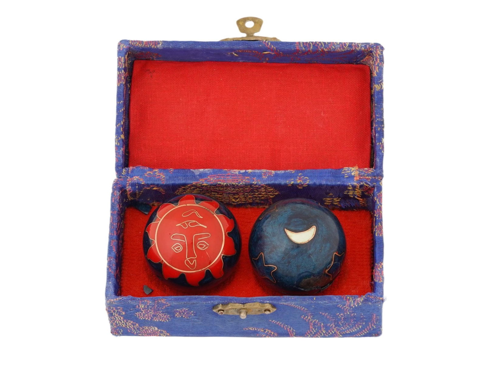 PAIR OF CHINESE BAODING CLOISONNE ENAMEL BALLS IN BOX: A pair of Chinese Baoding balls in a presentation box. They are also known as Chinese health balls, meditation balls, or exercise balls. Each features a dark blue and black base color with a red ename