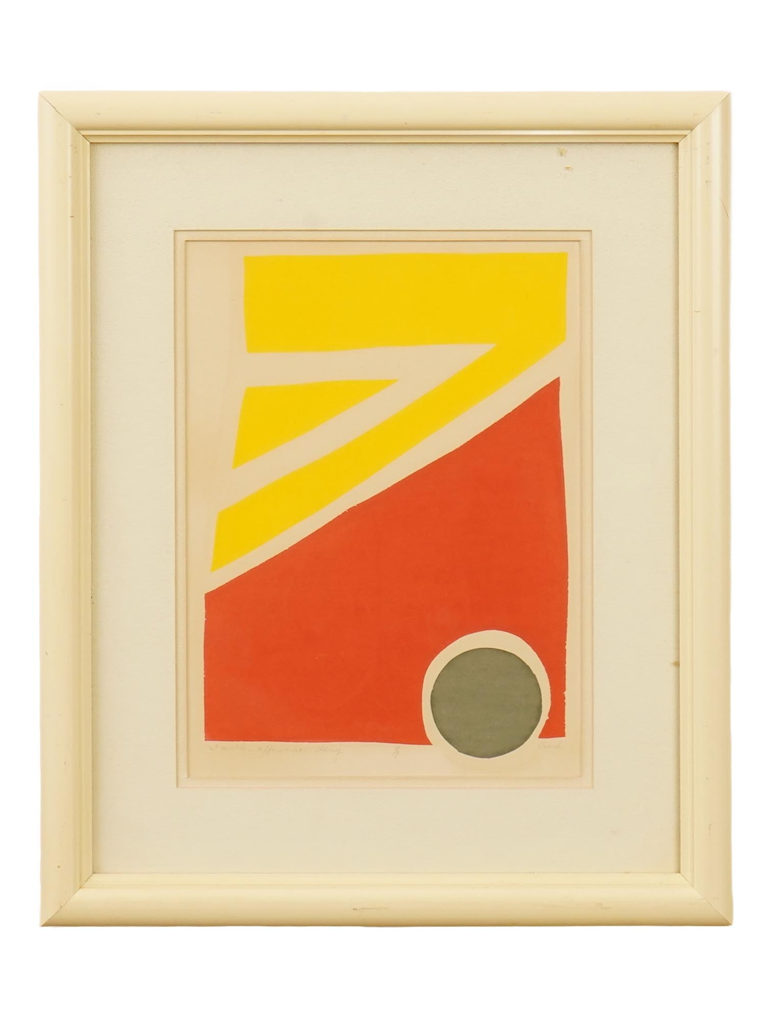 MID CENTURY ABSTRACT LITHOGRAPH SIGNED BRACK: A mid-century abstract lithograph dominated by red and yellow tones, inscribed I neither affirm nor deny at the lower left, numbered 1 of 7, and signed Brack at the lower right. Matted and framed. Mid
