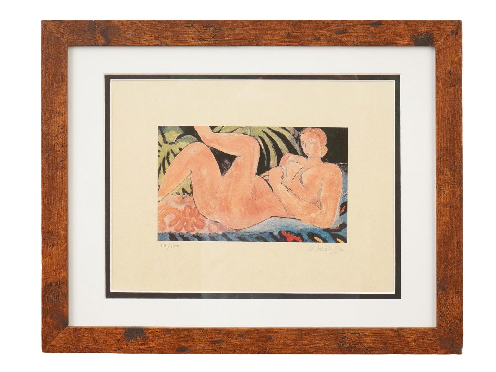 OFFSET PRINT OF THE MODERNIST PAINTING OF FEMALE NUDE: An offset print of the modernist painting A Nude with Her Heel on Her Knee, a celebrated composition from the Fauvist period. The artwork depicts a reclining female figure posed with one leg raised,