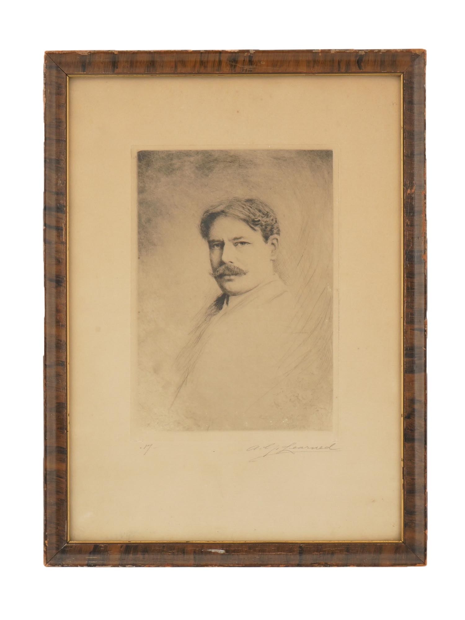 ARTHUR G. LEARNED AMERICAN MALE PORTRAIT ETCHING: Arthur Garfield Learned, American, 1872 to 1959, etching on paper. Portrait of Edward MacDowell, 1860 to 1908, an American composer and pianist of the late Romantic period. Signed in pencil in the