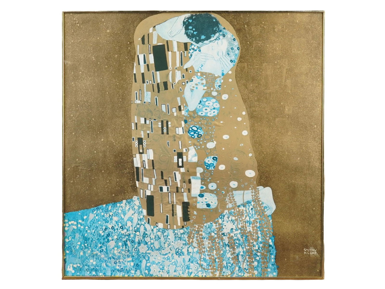 AFTER GUSTAV KLIMT THE KISS POSTER FRAMED: Color print on paper. Reproduction of the 1908 painting titled Der Kuss, The Kiss by Gustav Klimt, now in the collection of the Belvedere, Vienna. The painting depicts a couple embracing each other,