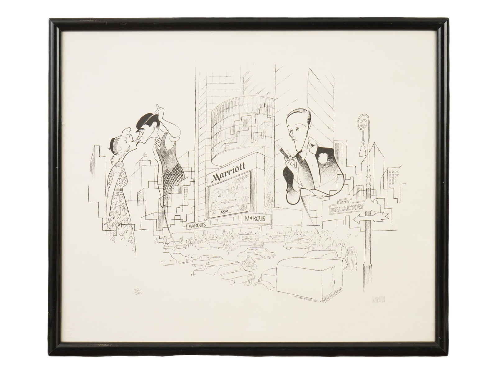 LITHOGRAPH BY AL HIRSCHFELD MARRIOTT MARQUIS HOTEL: A lithograph titled 10th Anniversary of the Marriott Marquis Hotel and Theatre, created in 1995 by celebrated American caricaturist Al Hirschfeld. Originally executed in ink on paper and later issued