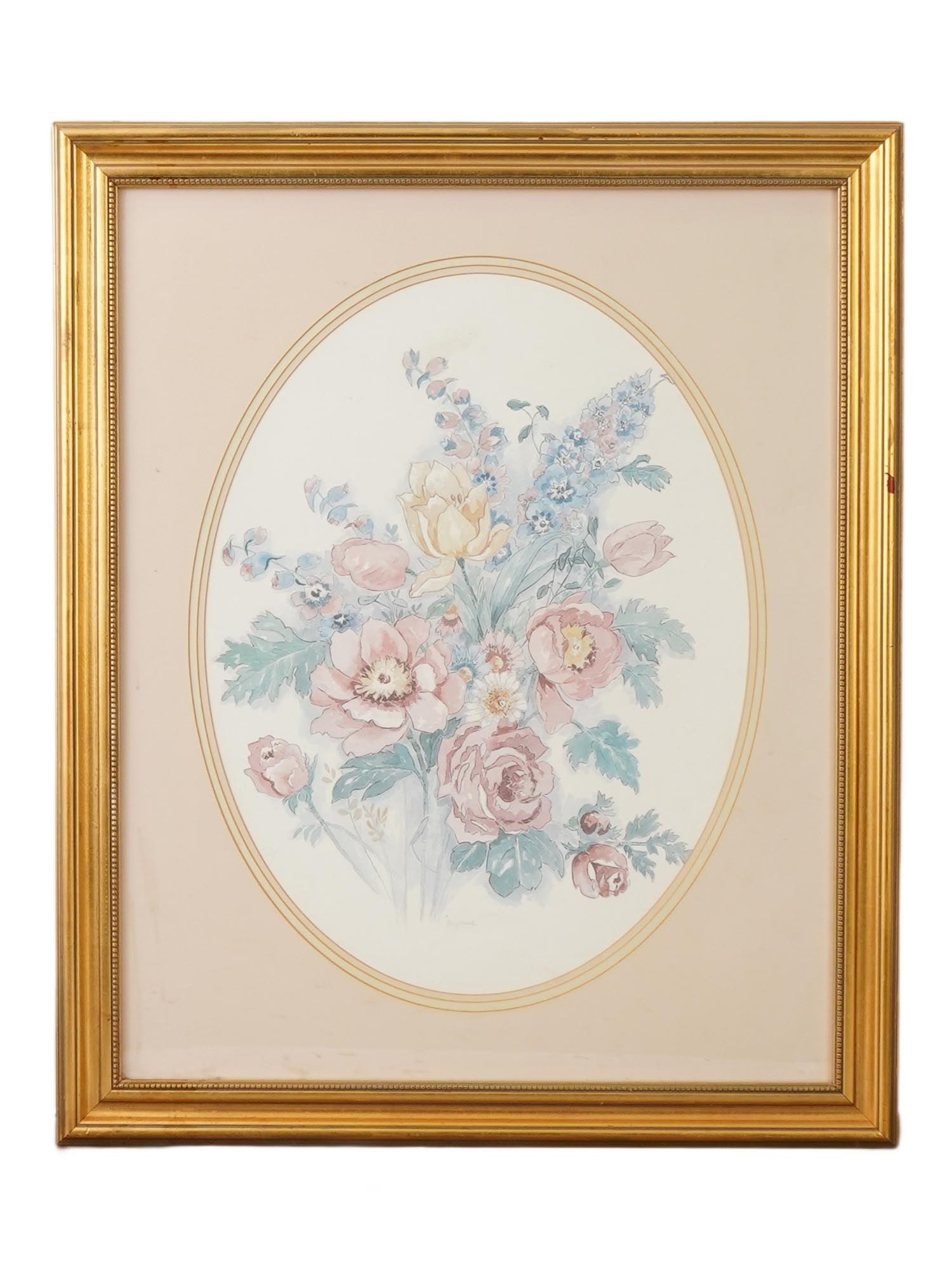 AMERICAN FLORAL PRINT BY MARY VINCENT BERTRAND: A vintage floral print by Mary Vincent Bertrand born 1955 American artist. The artwork depicts a floral arrangement in pastel colors. Signed lower to the center. Matted and framed. A paper note with