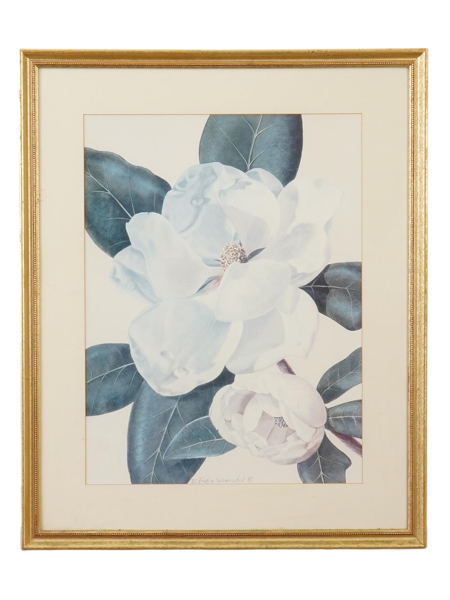 MORNING MAGNOLIA COLOR PRINT SIGNED W FUCHS SCHWARZBEK: A vintage color print titled Morning Magnolia signed Waltraud Fuchs Von Schwarzbek. Signed lower to the center. Matted and framed. Waltraud Fuchs von Schwarzbeck is perhaps best noted for her floral