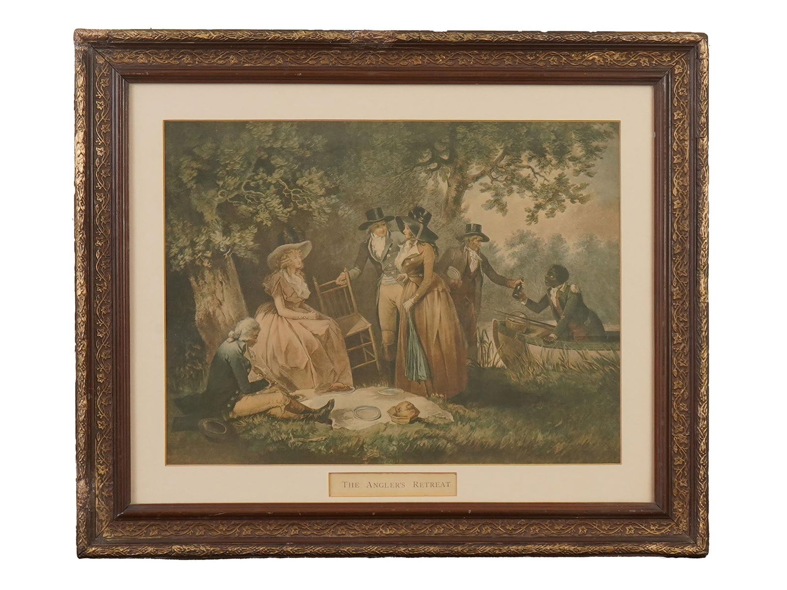 ENGLISH SCENE COLOR PRINT AFTER GEORGE MORLAND: A color offset print on paper, The Anglers Retreat, after the original mezzotint print by William Ward, after George Morland, 1789. Titled lower to the center. Framed. George Morland, 1763 to 1804,