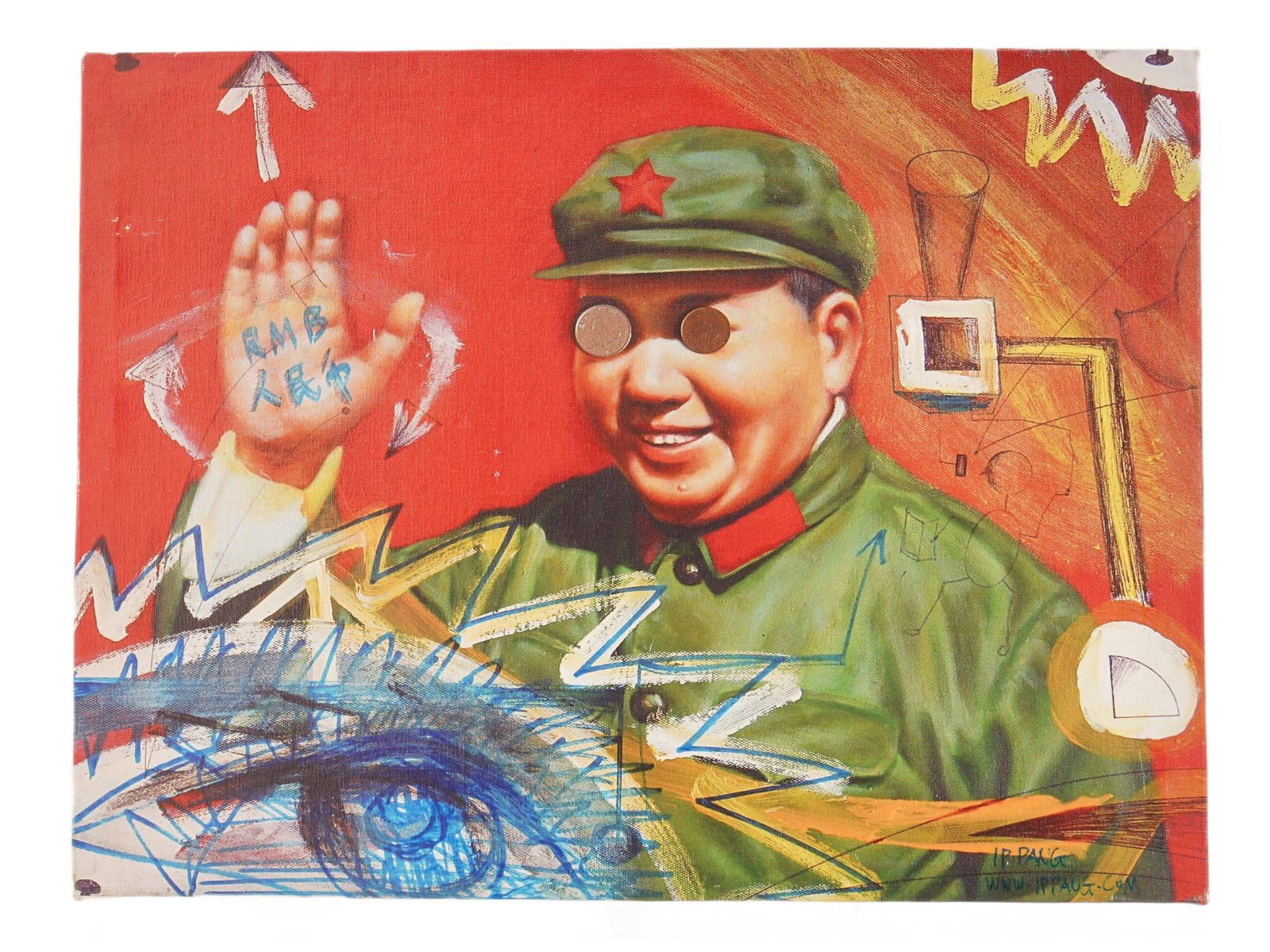 CHINESE PRINT CHAIRMAN MAO ZEDONG BY IP PANG: A Chinese print on canvas depicting Chairman Mao Zedong by artist IP Pang, presented in a contemporary pop-art style. The composition features stylized elements such as coins over the eyes and RMB tex