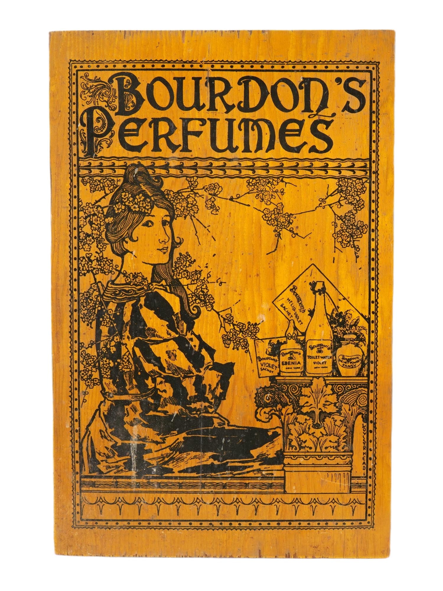 LOUIS JOHN RHEAD NY LUNDBORGS PERFUMES ADVERTISEMENT: An oil on wood board perfume advertisement in the Art Nouveau style, based on a design by the renowned artist Louis John Rhead from 1894. Features period imagery originally created for the famous adve