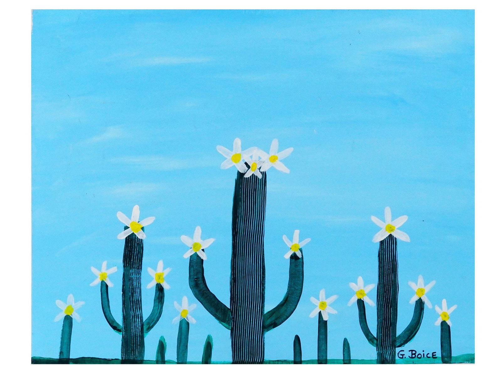 GLENN BOICE AMERICAN LANDSCAPE ACRYLIC PAINTING: Glenn F. Boice, American, born 1921, acrylic on canvas board painting. Decorative composition with blooming cactuses. Signed in the lower right and on the backside. Dated 2014. Unframed. Collectible F