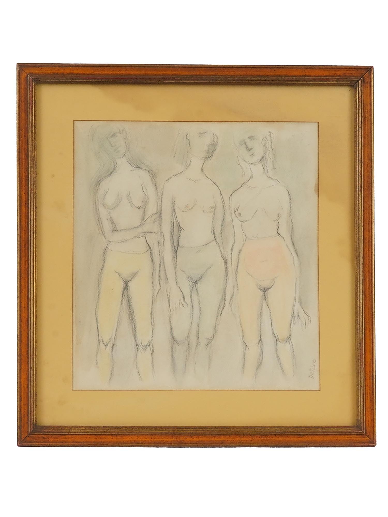 MIXED MEDIA PAINTING NUDE FIGURES SIGNED DEIDRE: A mixed media painting on paper, signed Deidre lower right. Depicting three nude female figures. Matted and framed. Modern Fine Art, Portrait Paintings, Wall Art, and Collectibles. THIS LOT IS