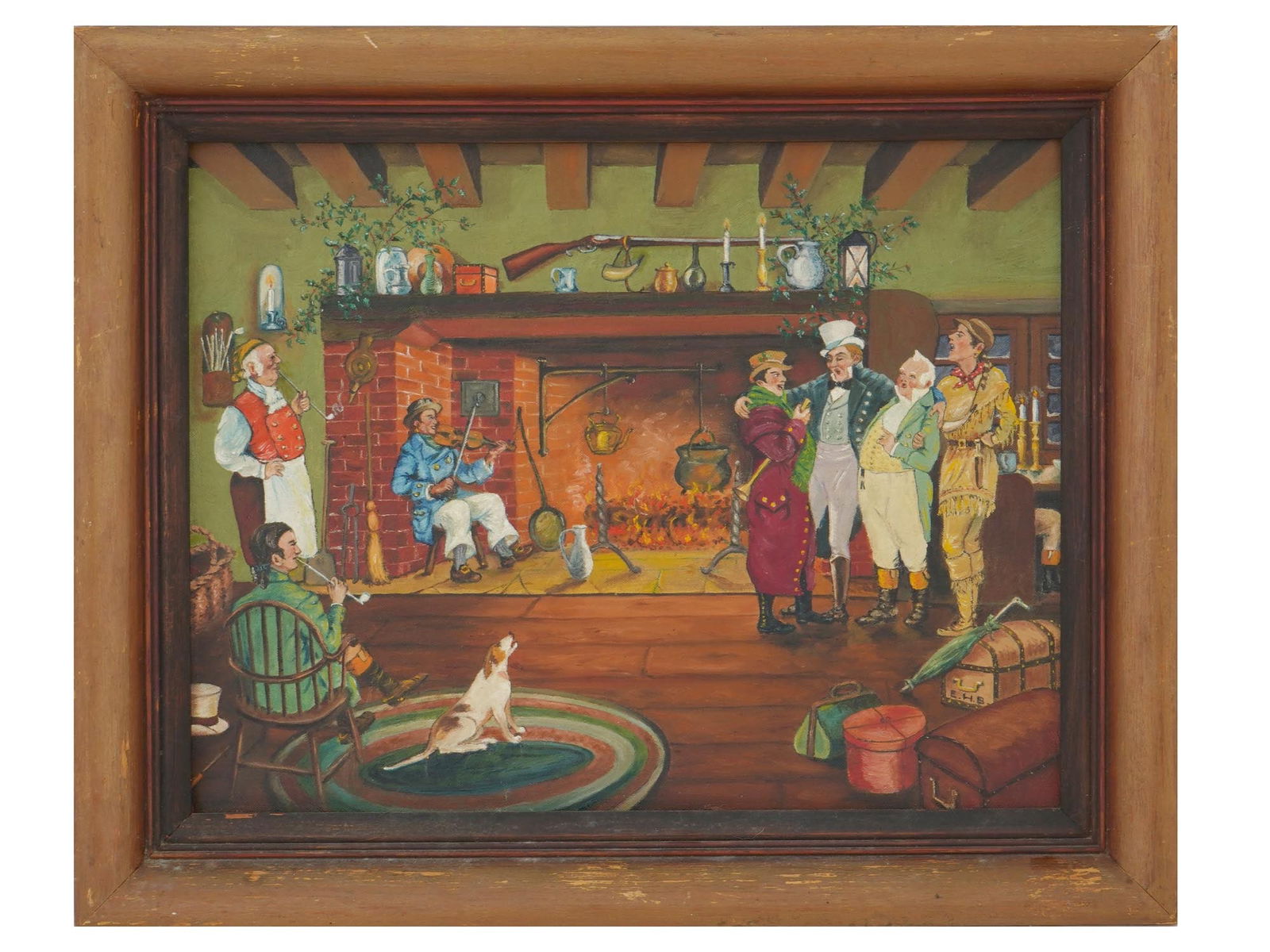 MID CENTURY AMERICAN CHRISTMAS FOLK PAINTING: A mid 20th Century American folk painting on cardboard. The painting depicts a funny genre scene on the eve of Christmas. A group of people in the room to the right of the fireplace are singing songs,