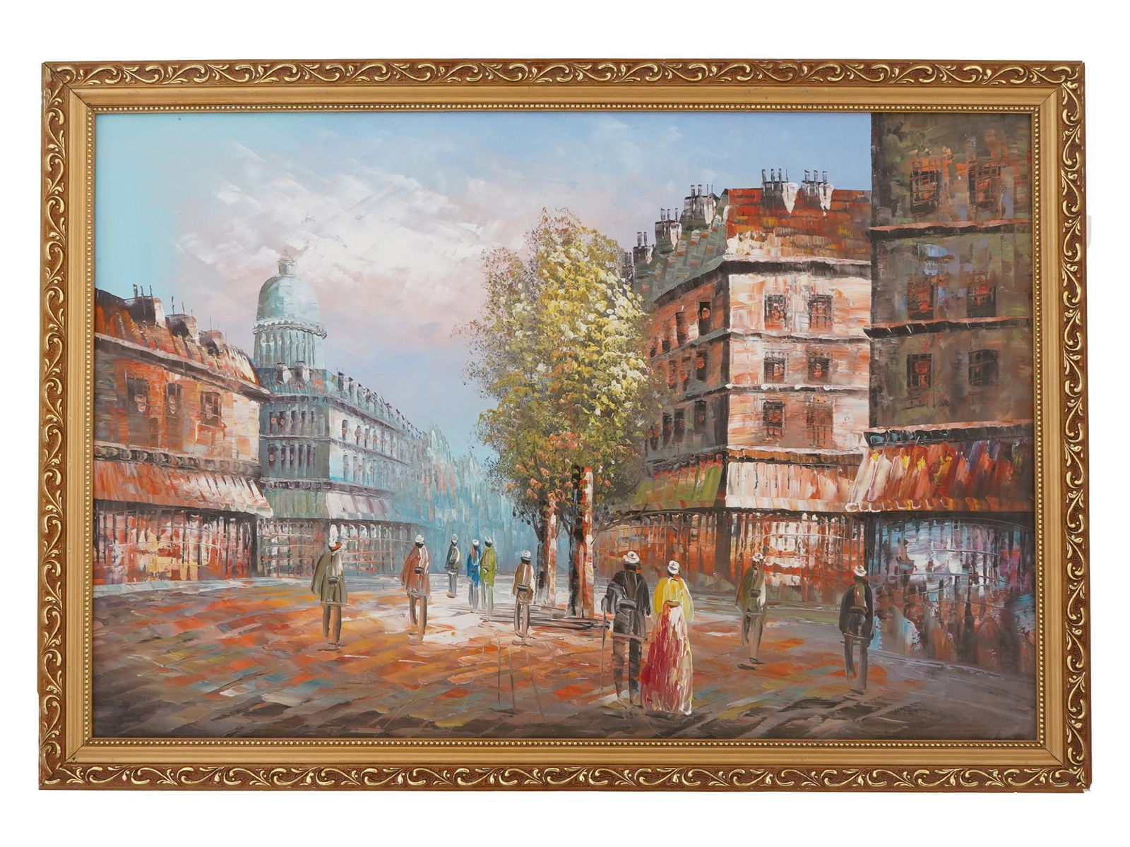 VINTAGE PARISIAN STREET SCENE OIL PAINTING SIGNED: Oil on canvas painting. The artwork depicts a street view of Paris, France. Impasto technique with the use of palette knife. Signed on the backside. Undated, late 20th century. Framed. Collectible Fin