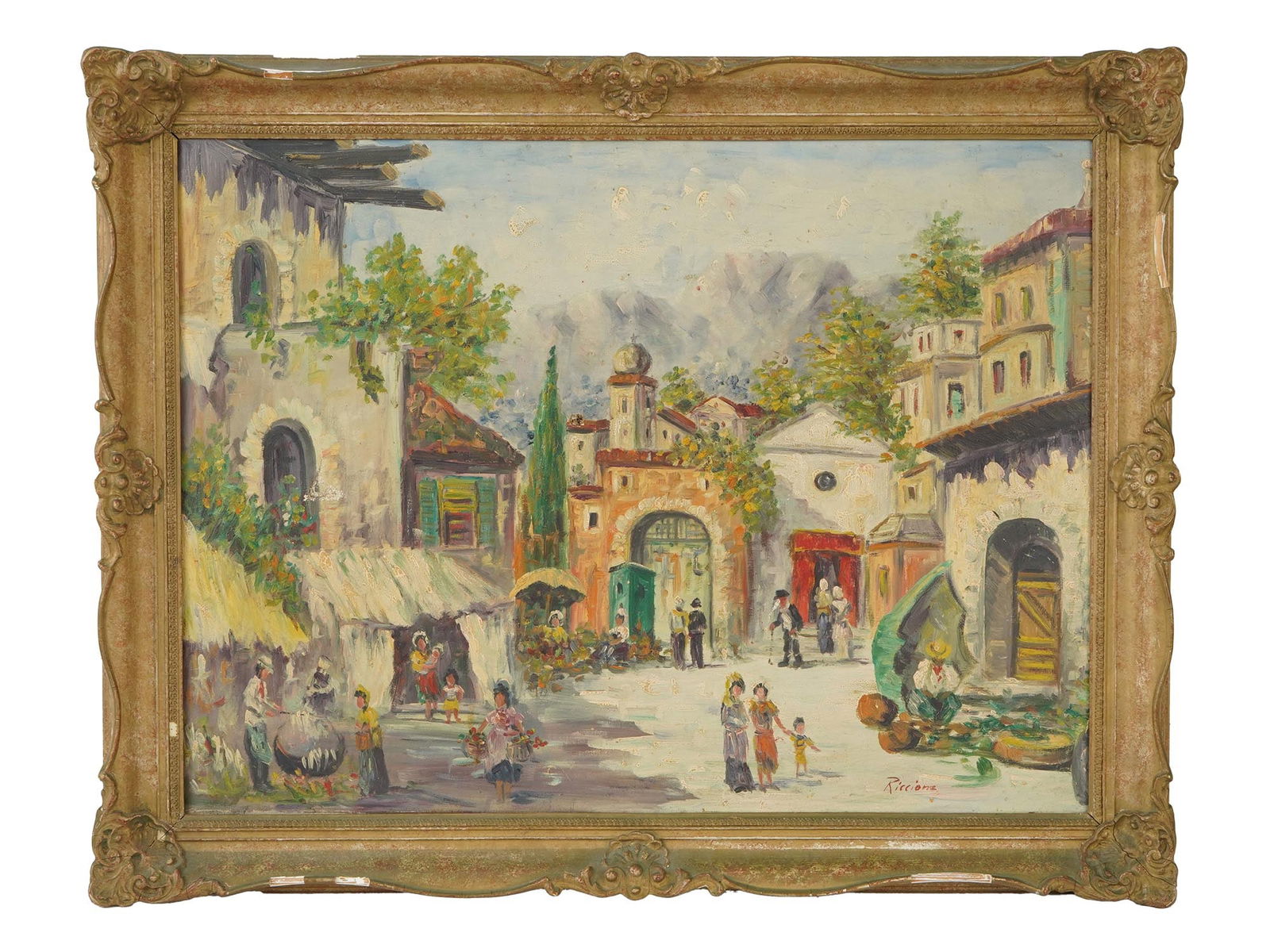 MODERNIST ITALIAN SCHOOL CITYSCAPE OIL PAINTING: A Modernist Italian School oil painting on canvas depicting a street scene. Inscribed, Riccione, lower right. Framed. Modernist and Contemporary Fine Art, European Oil Paintings, Cityscapes and Genre