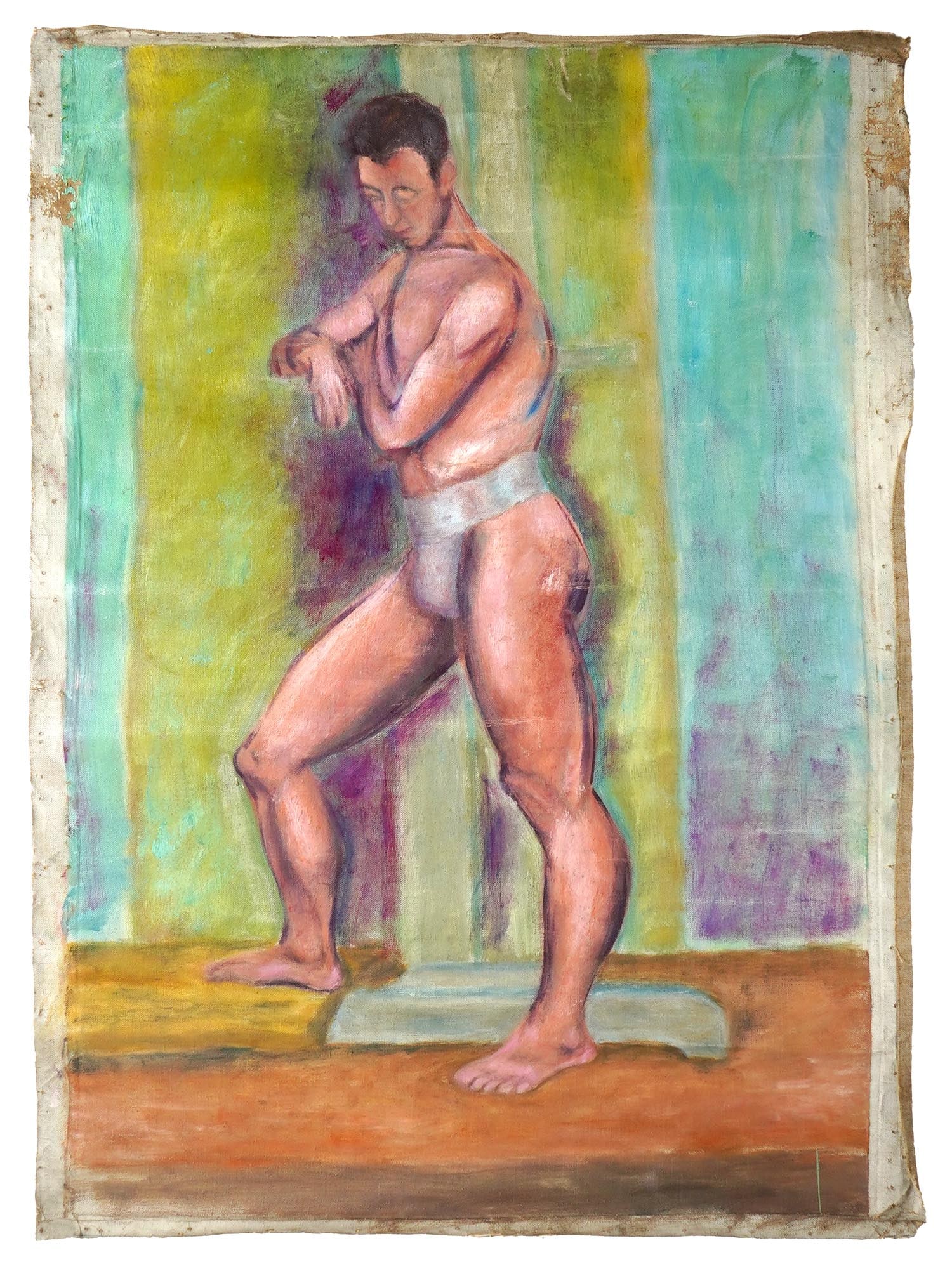 VINTAGE DOUBLE SIDED PORTRAIT OIL PAINTING: Double-sided artwork, oil on canvas. American, mid-20th century. Both sides are studies of a male model. Unsigned. Unframed. Collectible Fine Art, Genre Painting. THIS LOT IS ELIGIBLE FOR A 30