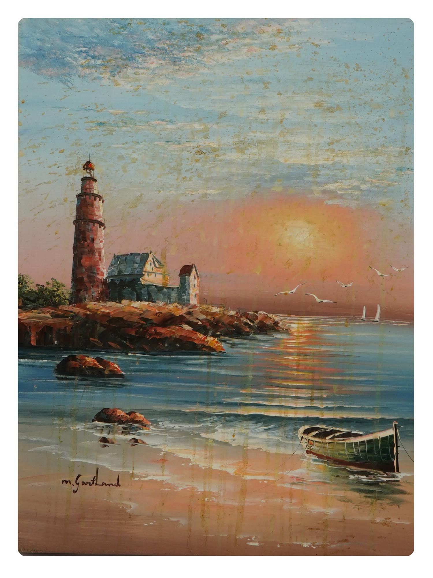MARINE LIGHTHOUSE OIL PAINTING SIGNED BY M GARTLAND: An oil painting on canvas depicting a Marine coastal view with a lighthouse in the Post Impressionist manner. Signed by the artist, M. Gartland, lower left. Vintage and Modern European School Fine Art