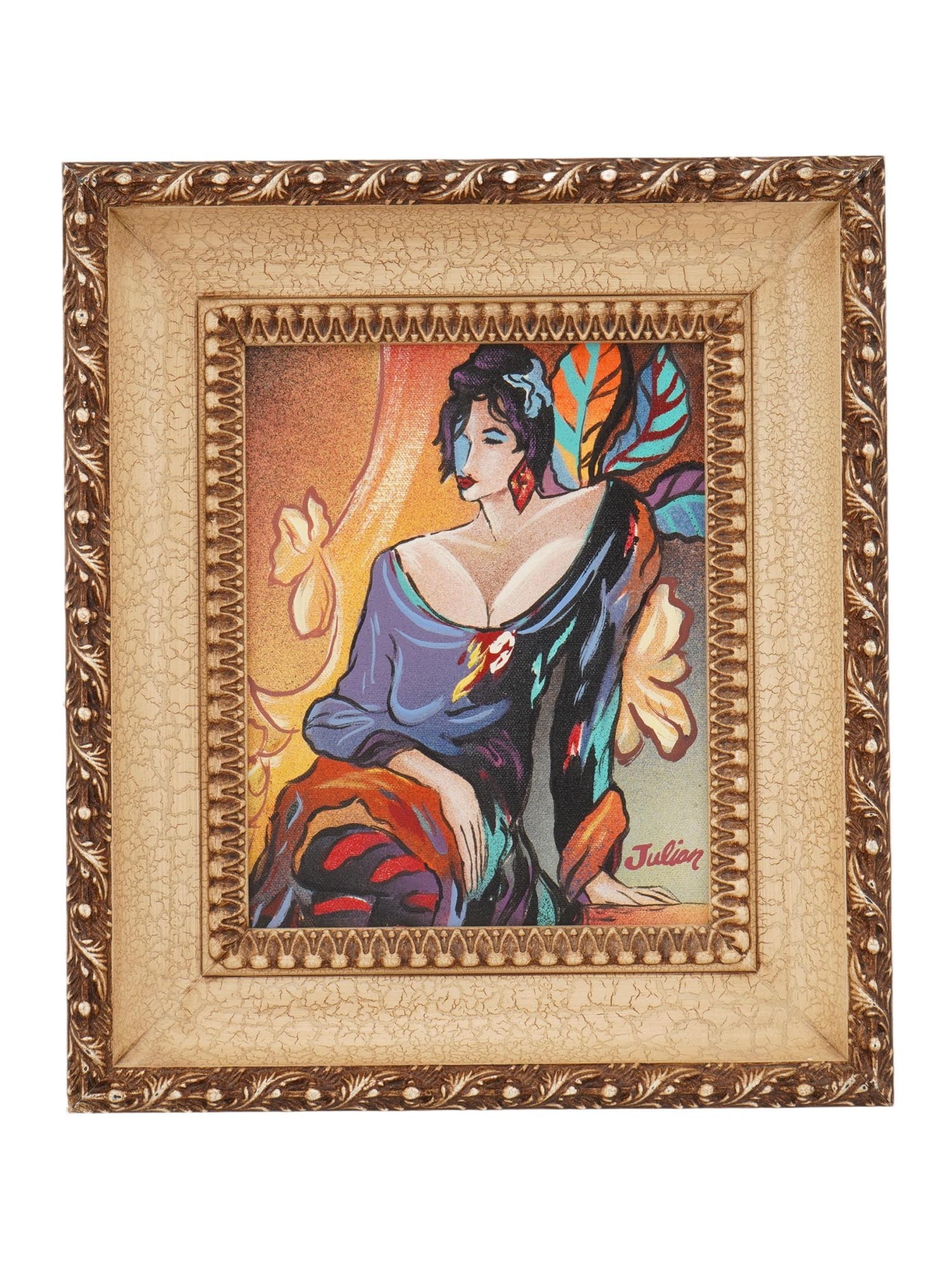 MID CENTURY PAINTING FEMALE PORTRAIT SIGNED JULIAN: A mid century painting on print on canvas depicting a female portrait, signed Julian in the lower right. The composition presents a lady seated in a relaxed pose. Framed. Portrait Paintings And Art Co