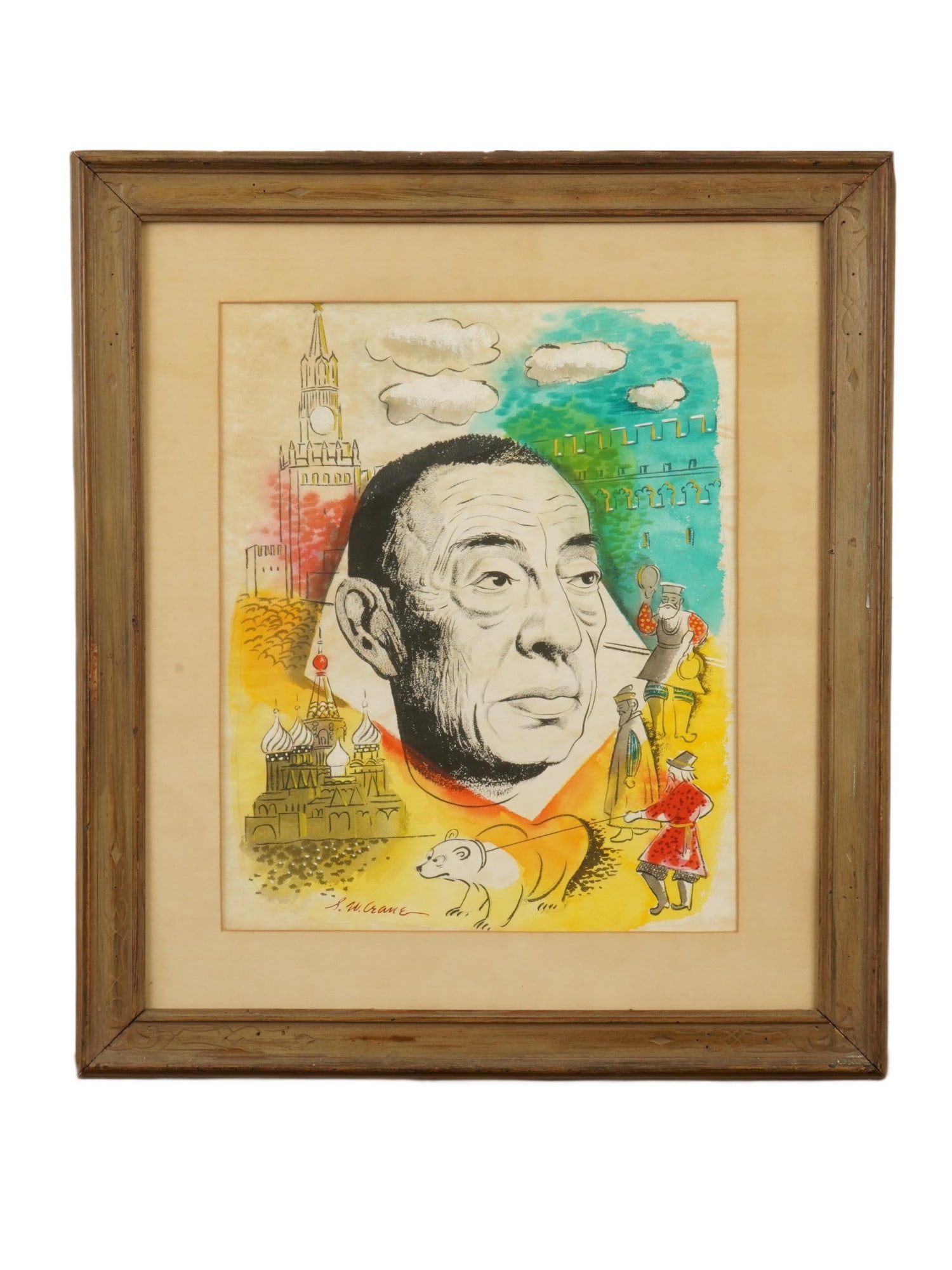 AMERICAN MIXED MEDIA PAINTING BY STANLEY WILLIAM CRANE: Stanley William Crane, American, 1905 to 1973, a mixed media painting on paper depicting a collage male portrait. Signed lower left. Framed. Stanley Crane is known for Landscape and still life paintin