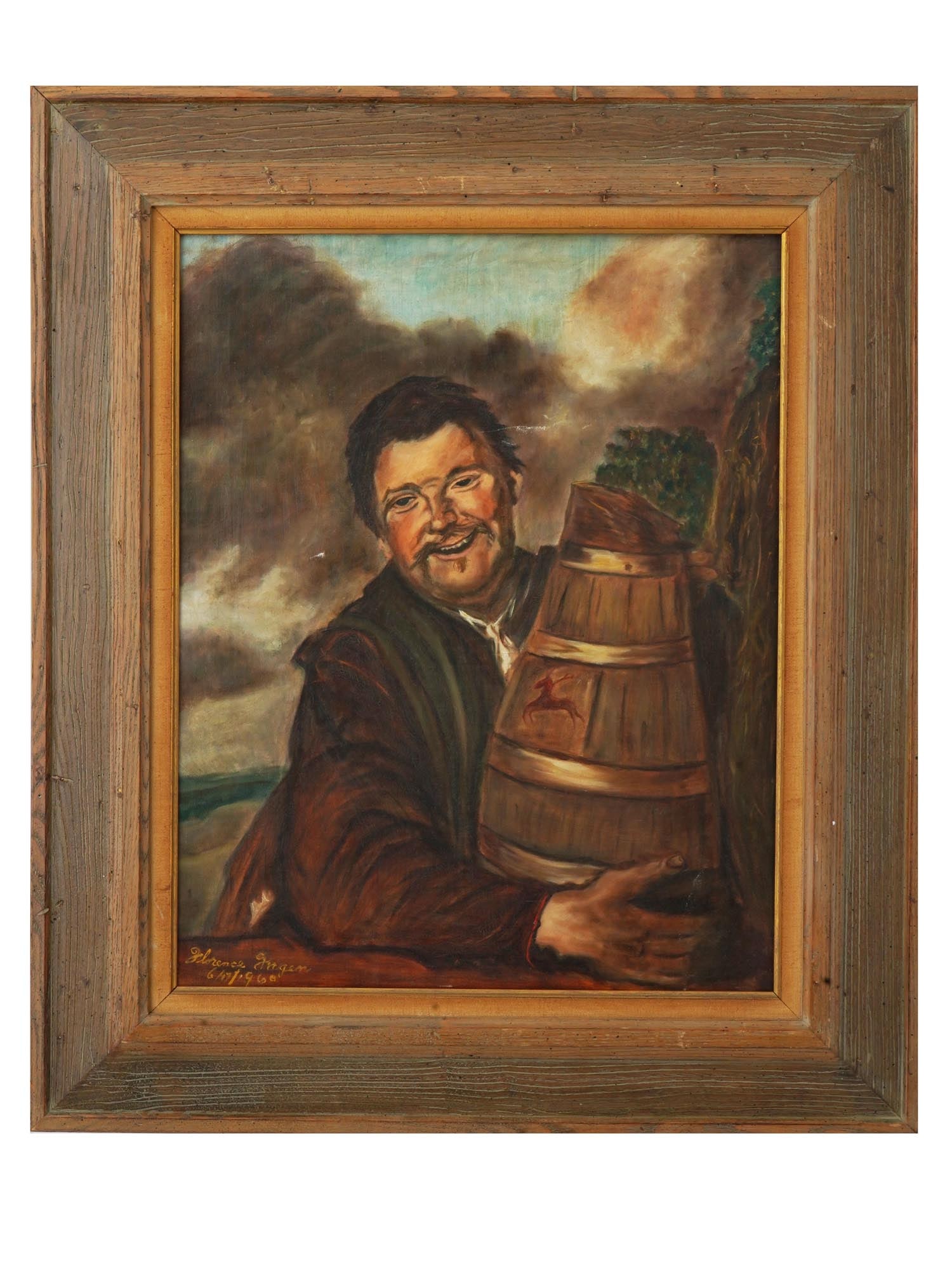 AMERICAN SCHOOL MAN PORTRAIT OIL PAINTING SIGNED: An American School oil painting on canvas depicting a portrait of a man with a barrel, 1960. Signed by the artist, Florence Fagen and dated June 17, 1960, lower left. Framed. American Fine Art, Male P