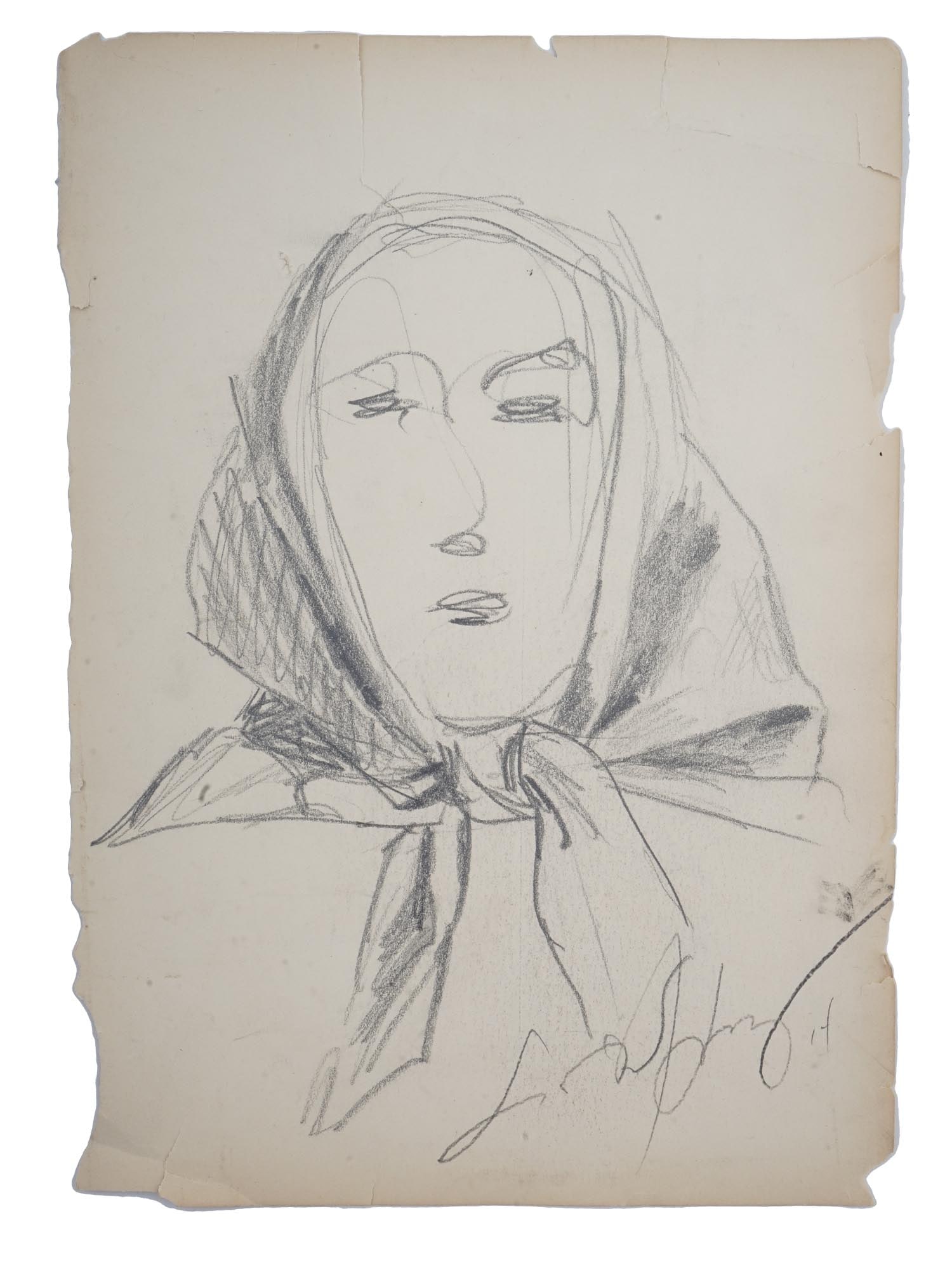 1914 PORTRAIT PENCIL DRAWING BY LISA HOROWITZ: Pencil on paper drawing. The artwork depicts a woman in headscarf. Signed by the artist, Lisa Horowitz, and dated 1914 in the lower right. The backsdie features an ink still life sketch. Collectible F