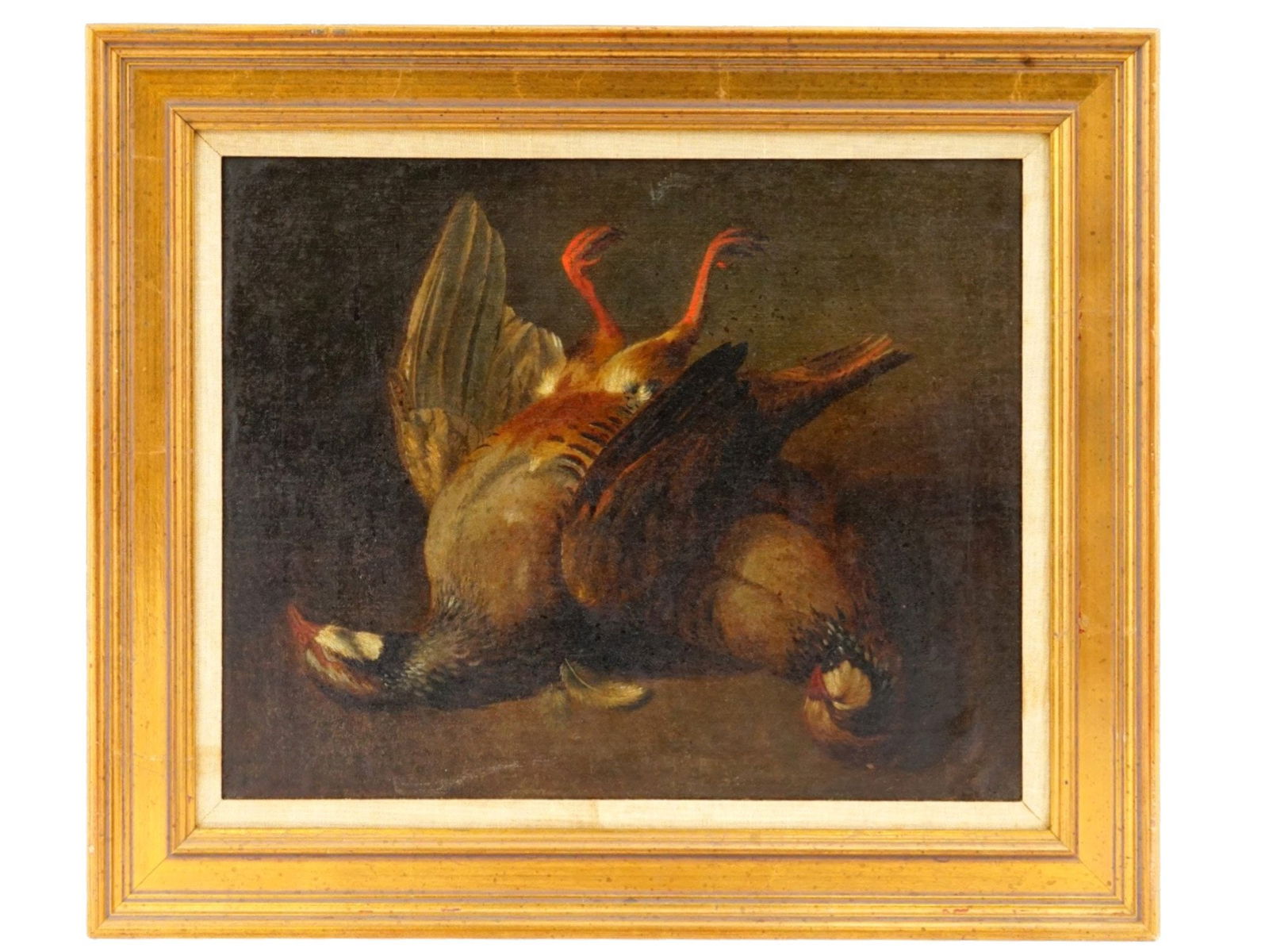 HUNTING STILL LIFE WITH BIRDS OIL PAINTING FRAMED: An oil on canvas painting is a classic example of the nature morte de chasse or hunting still life genre, a tradition that reached its peak in 17th-century Dutch and 18th-century French art. The paint