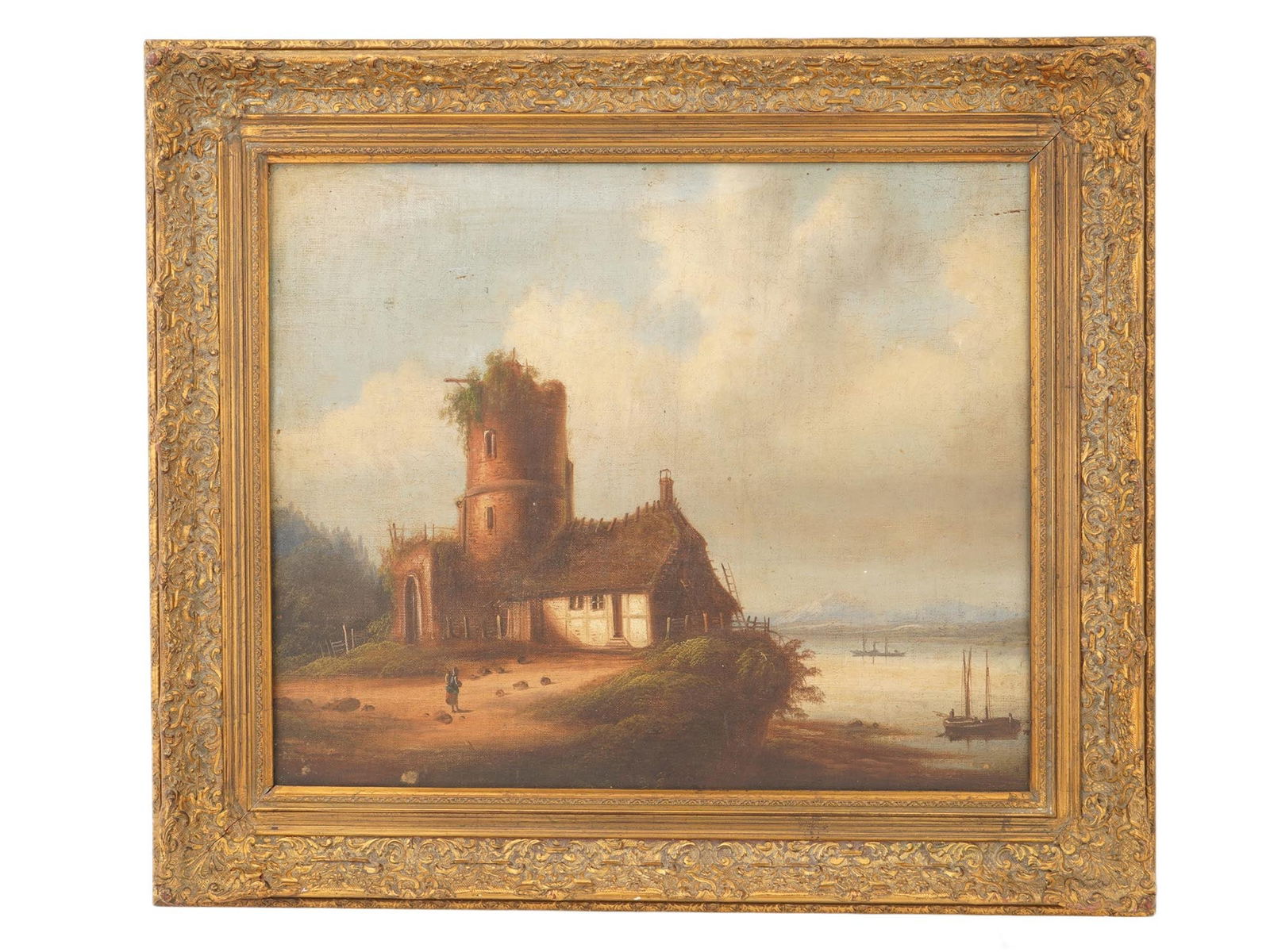 ANTIQUE OIL LANDSCAPE PAINTING ON BOARD HOUSE BY WATER: An antique oil landscape painting on board, attributed to an unknown Dutch or Anglo-Dutch School artist. Depicting a picturesque house by the water with tower ruins, small figures, and boats in a tran