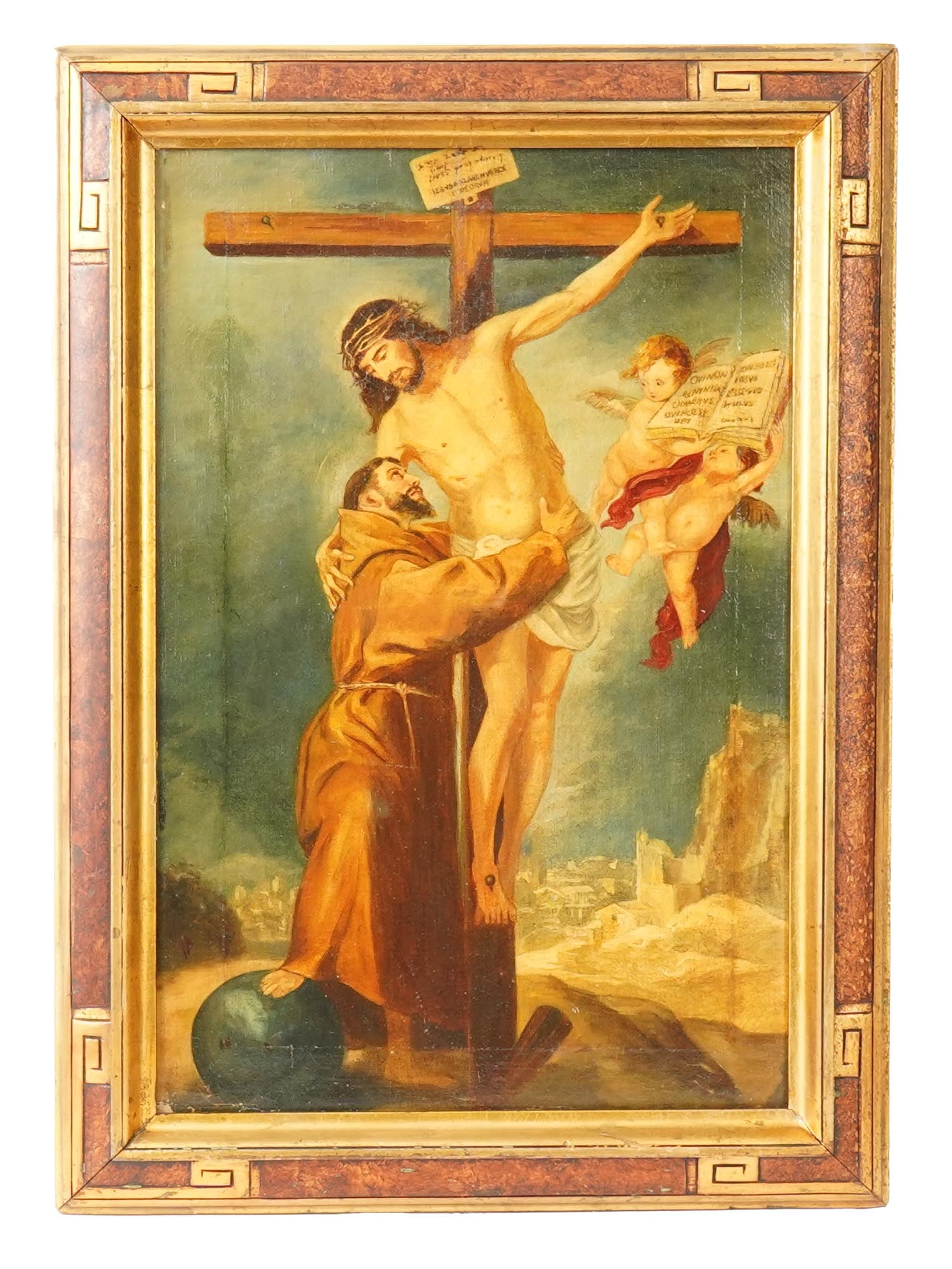 AFTER MURILLO SAINT FRANCIS OF ASSISI OIL PAINTING: After Bartolome Esteban Murillo, Spanish, 1617 to 1682, oil on canvas painting. After the 1668-1669 artwork titled Saint Francis Embracing Christ on the Cross, now held in the Museum of Fine Arts of S