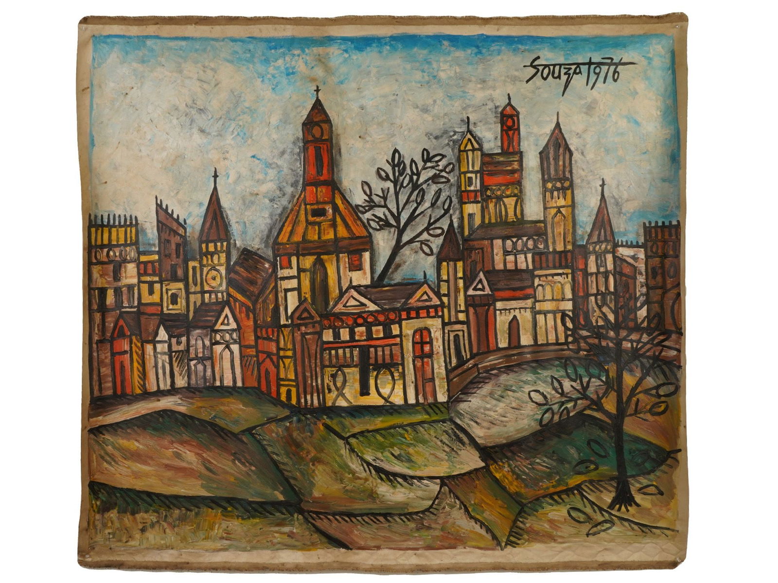 INDIAN TOWNSCAPE ACRYLIC PAINTING SIGNED F N SOUZA (1 of 4)