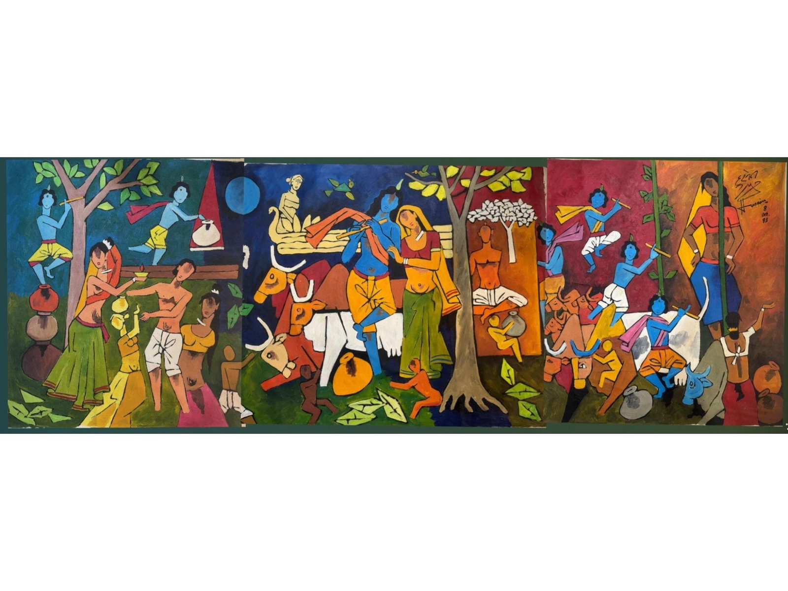 TRIPTYCH ACRYLIC PAINTING SIGNED M F HUSAIN WITH COA: A triptych acrylic painting on canvas depicting a multi figure genre scene with Krishna Lila. Signed, Husain, and dated 8 Oct. 93, upper right. The artwork comes with a certificate of authenticity, si