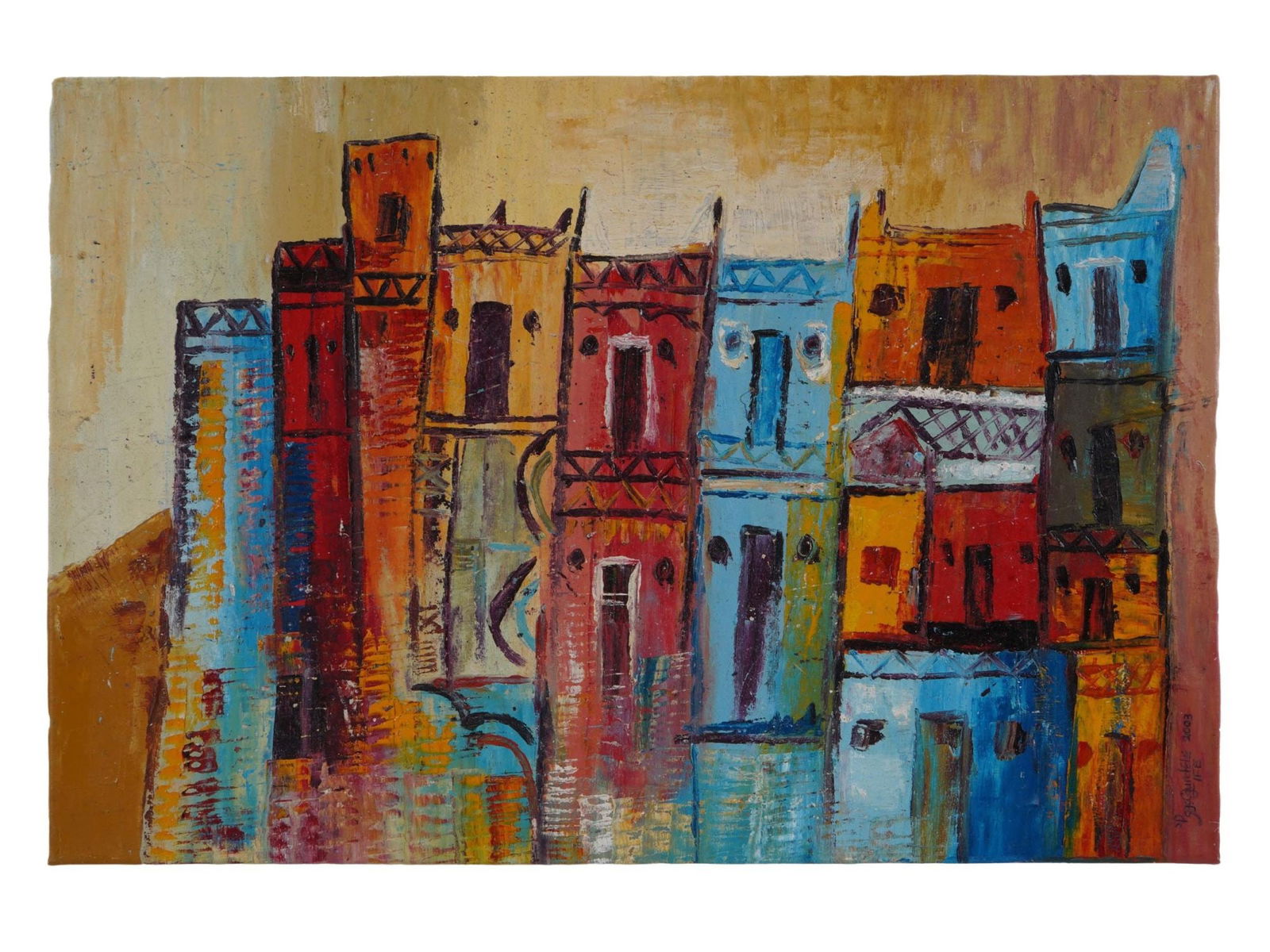 CONTEMPORARY NIGERIAN OIL PAINTING BY BAYO OGUNDELE: Bayo Ogundele, Nigerian, born 1949, an oil painting on canvas, Northern Houses, 2003. Signed, inscribed, Ife, and dated, lower right. Provenance: Private Collection of Mrs. Bukola Osukoya. Contemporar