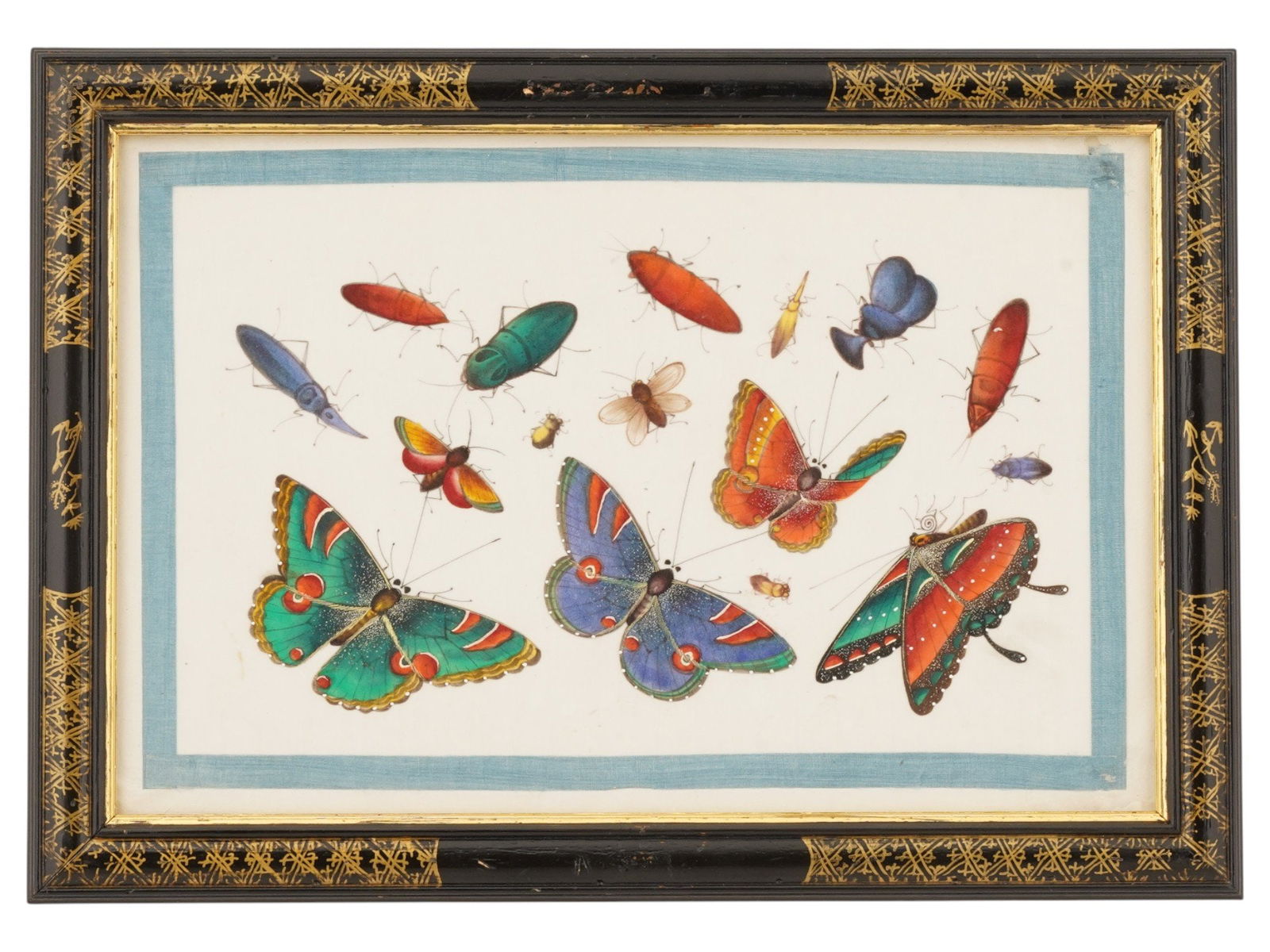 ANTIQUE CHINESE PAINTING BUTTERFLIES AND INSECTS: An antique Chinese mixed media painting on paper depicting butterflies and insects rendered with striking precision and vivid color, and likely dates to the 19th century. Executed in gouache and water
